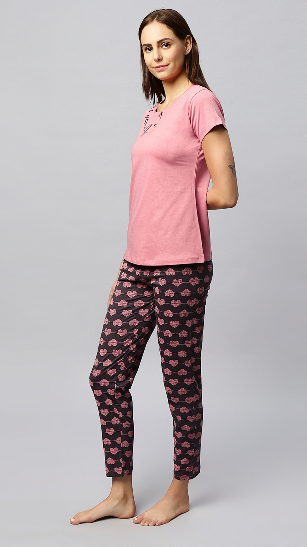 Sukanya Women's Printed Lounge Wear Top & Pyjama Set - Light Pink, Regular Fit, Ideal for Women's, Lounge Wear, Sinker Fabric, Half Sleeve, Round Neck