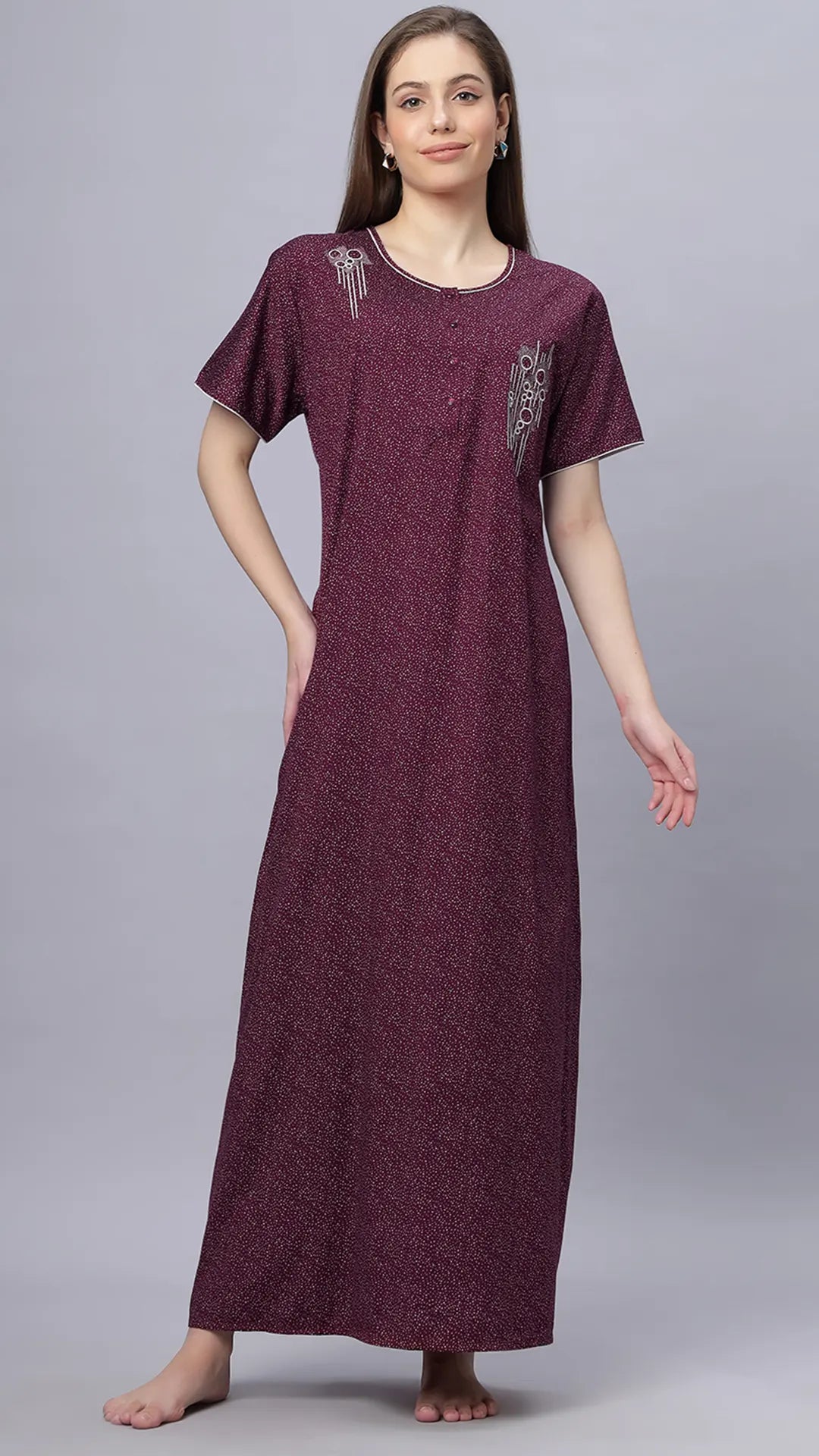 Sukanya Comfortable Women's Full Length Cotton Blend Half Sleeves Nighty, Black, Blue & Maroon, Soft and Elegant Print Sleepwear
