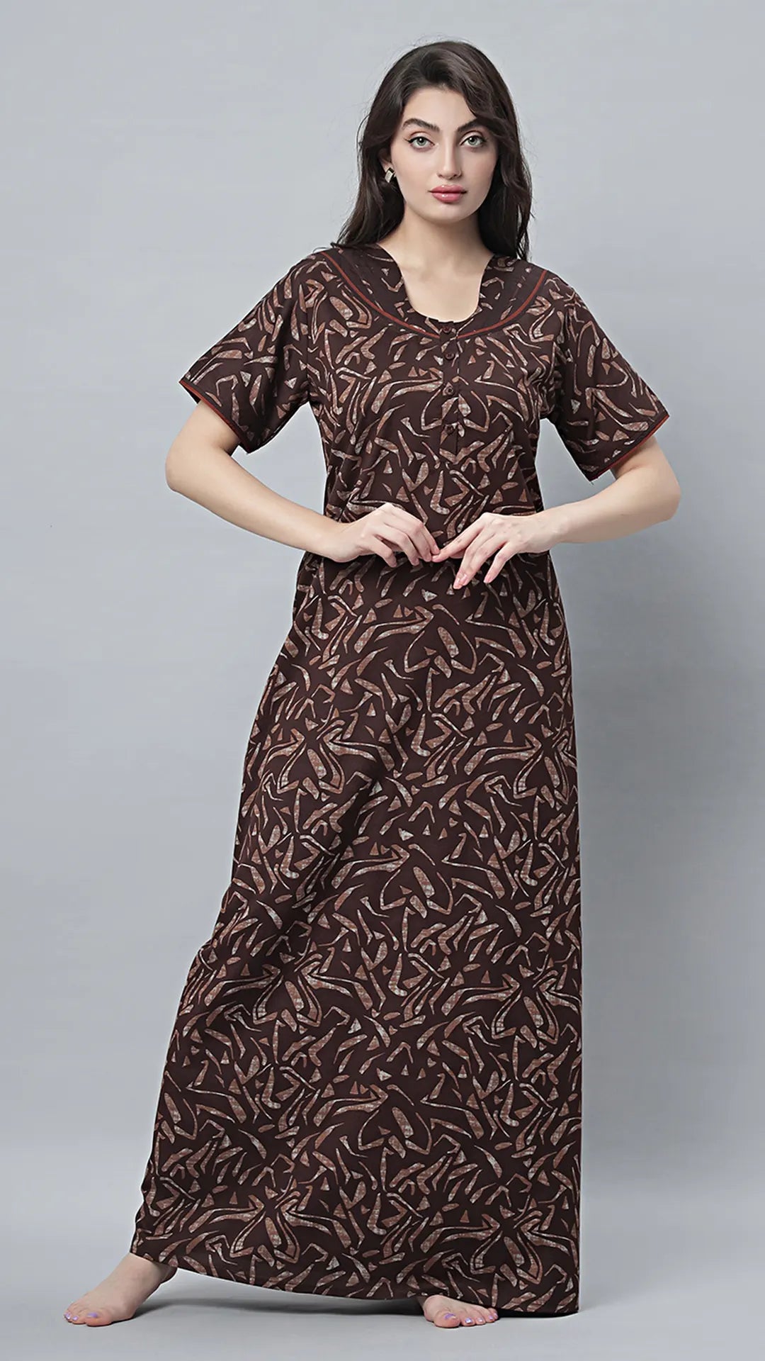 Sukanya Women's Black Cotton Blend Printed Nighty - Half Sleeves, Round Neck, Long