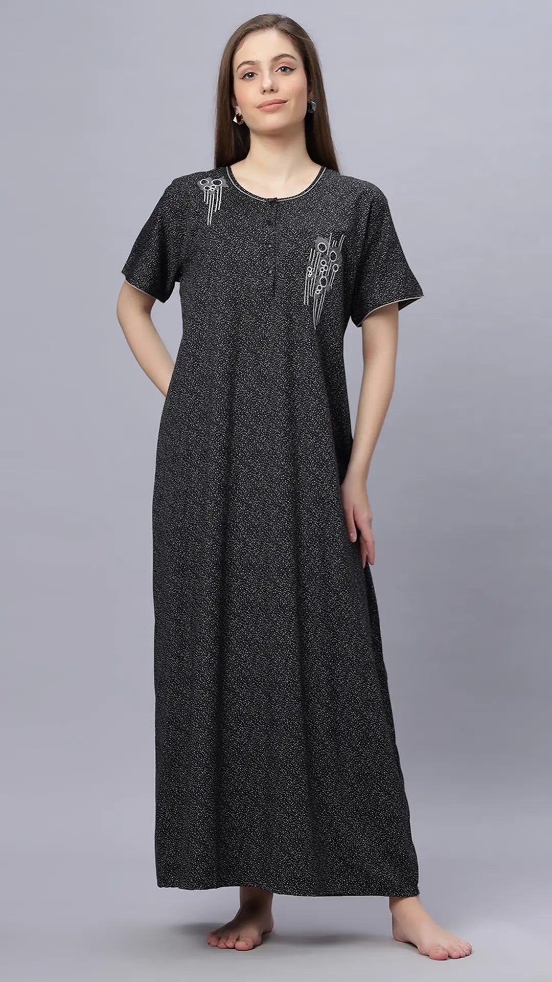 Sukanya Comfortable Women's Full Length Cotton Blend Half Sleeves Nighty, Black, Blue & Maroon, Soft and Elegant Print Sleepwear