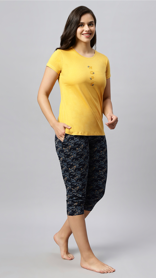 Sukanya Women's Printed Lounge Wear Top & Capri Set - Yellow, Regular Fit, Women's, Lounge Wear, Sinker Fabric, Printed Pattern, Half Sleeve, Round Neck