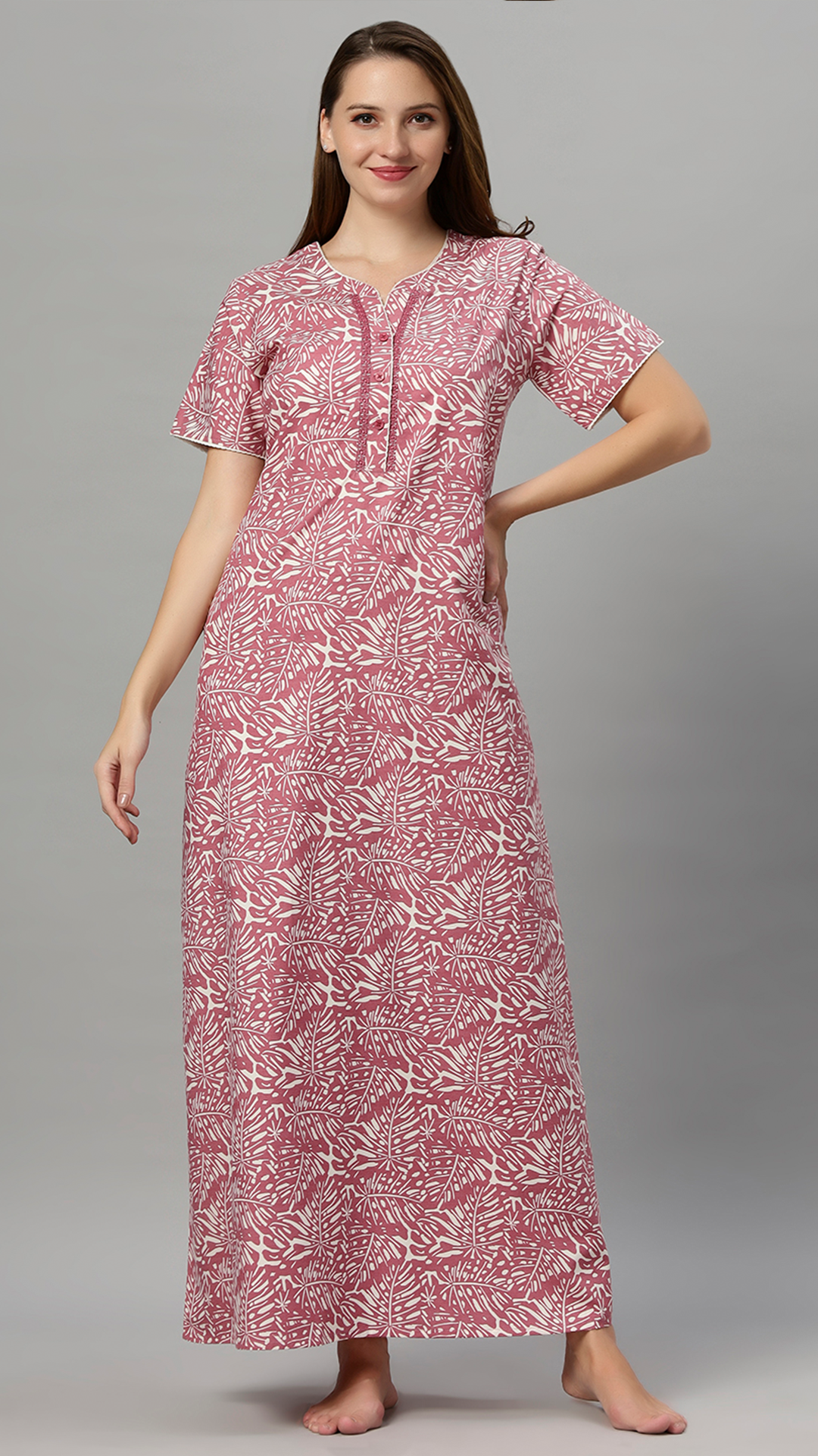 Sukanya Women's Printed Gowns - Poly Cotton, Regular Fit, Lounge Wear, Half Sleeves, V Neck, Green, Rust