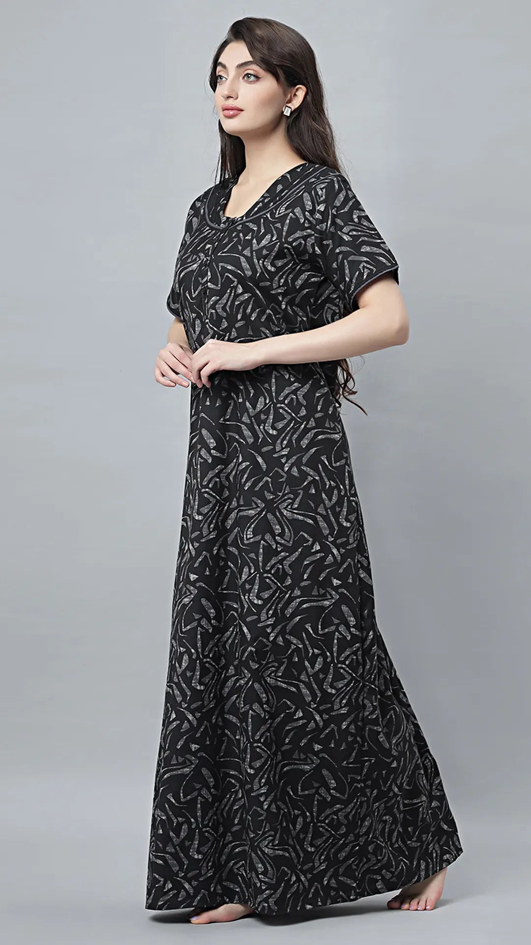 Sukanya Women's Black Cotton Blend Printed Nighty - Half Sleeves, Round Neck, Long