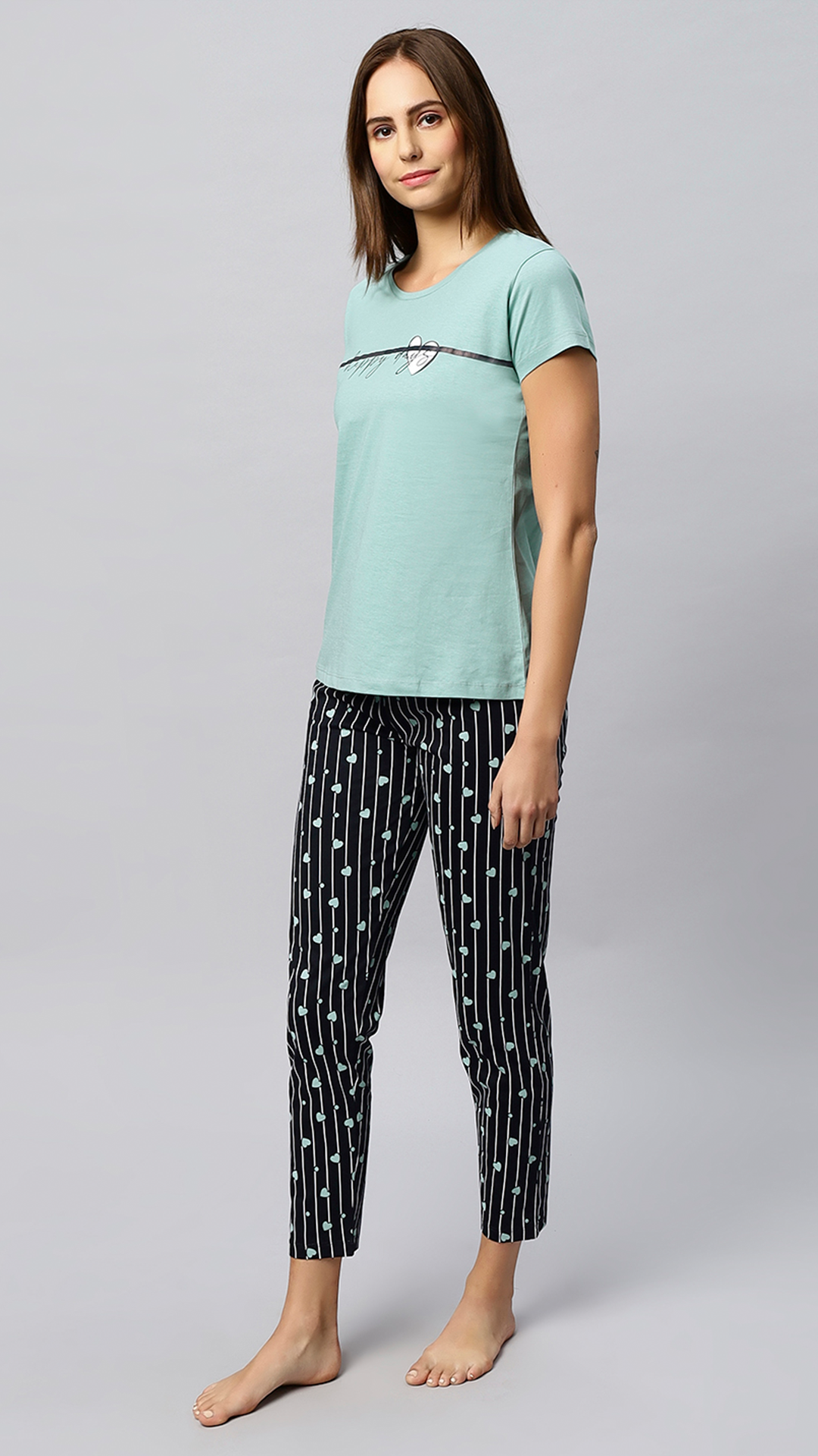 Sukanya Women's Printed Top & Pyjama Set - Pista, Regular Fit, Ideal For Lounge Wear, Sinker Fabric, Half Sleeve, Round Neck