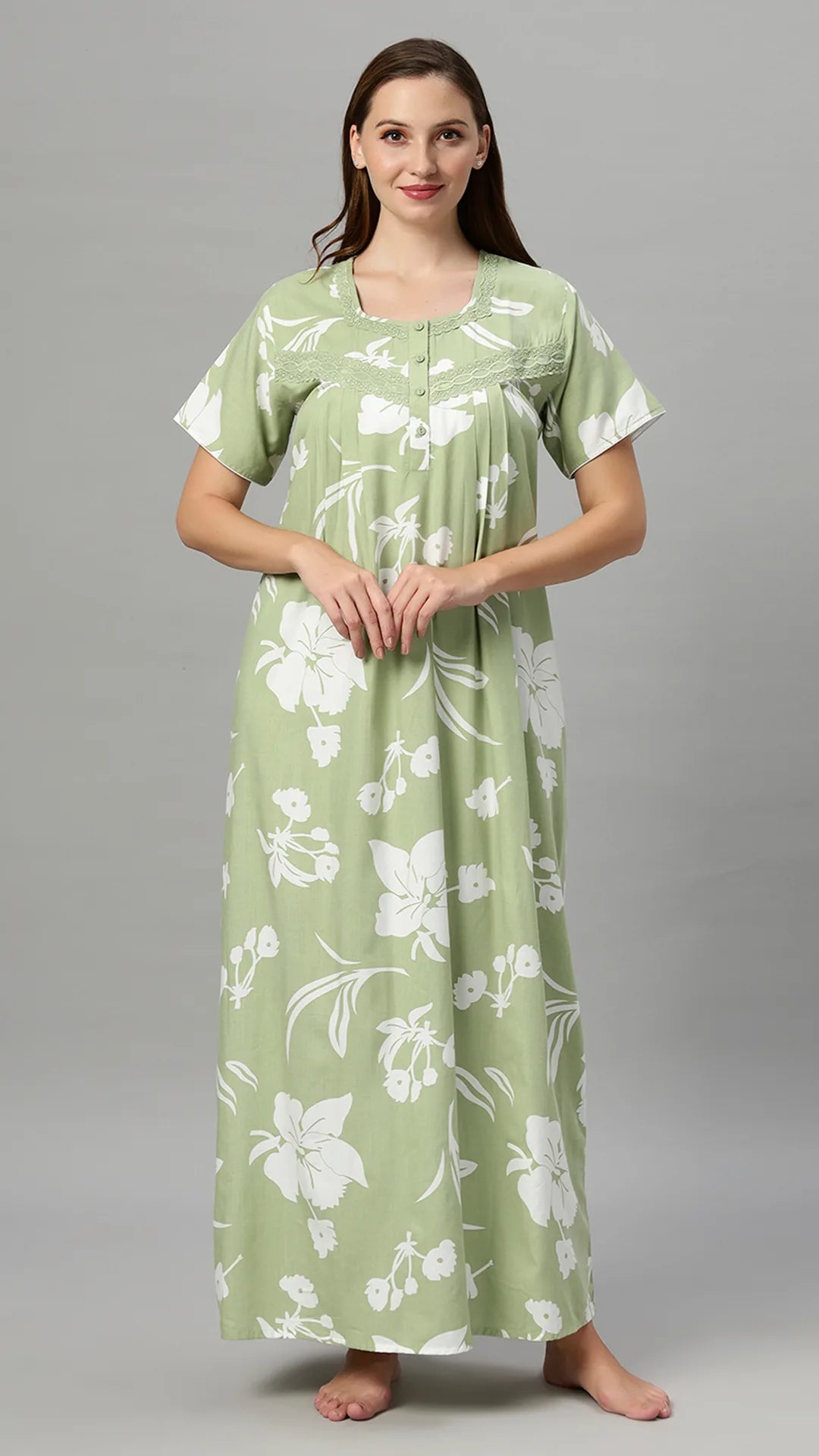 Sukanya Women's Floral Print Lounge Wear Gown -  Poly Cotton, Regular Fit, Half Sleeves, Round Neck, Light Purple, Light Green & Sky Blue