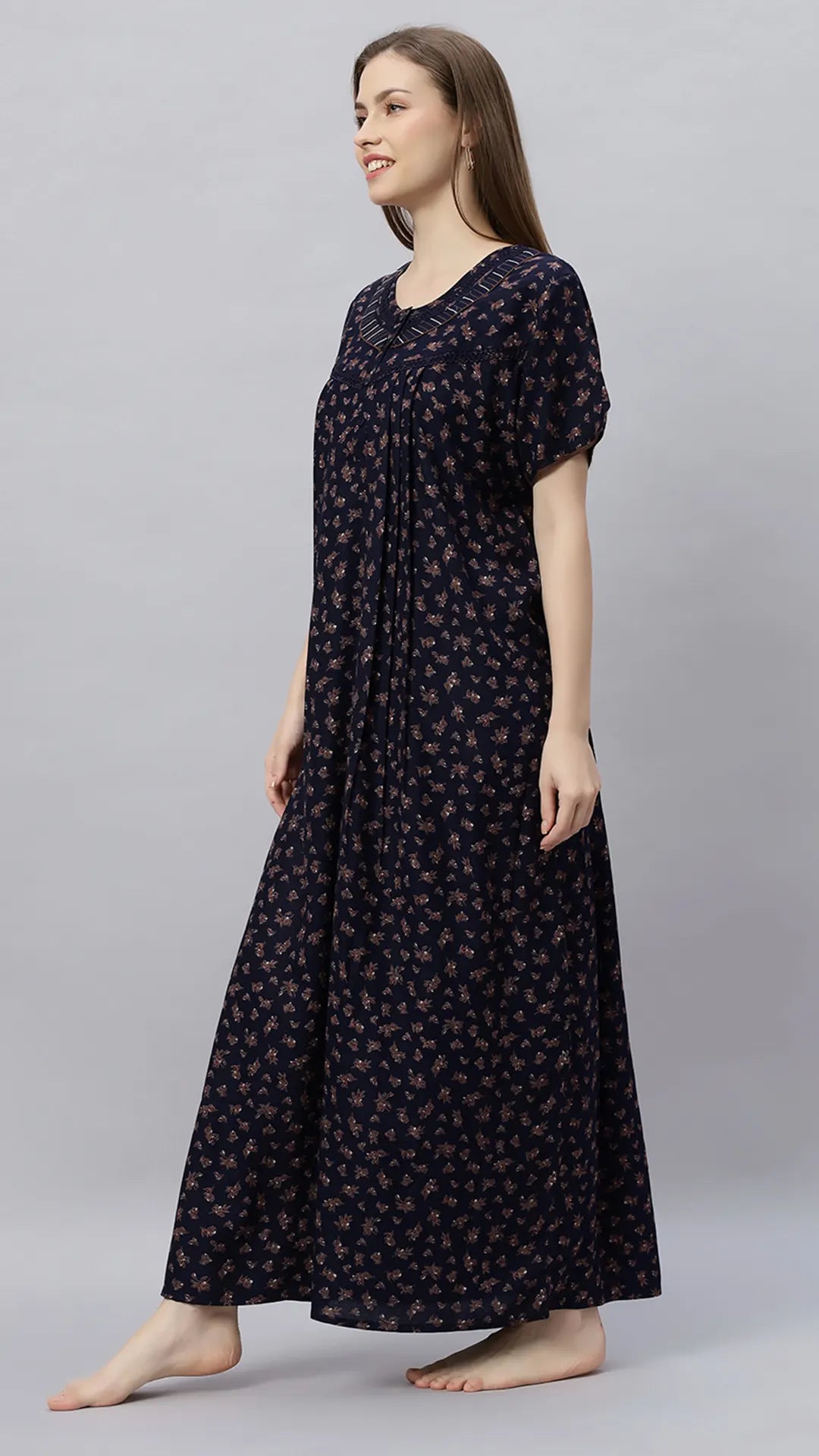Sukanya Comfortable Women's Full Length Cotton Blend Half Sleeves Nighty, Soft and Elegant Print Sleepwear