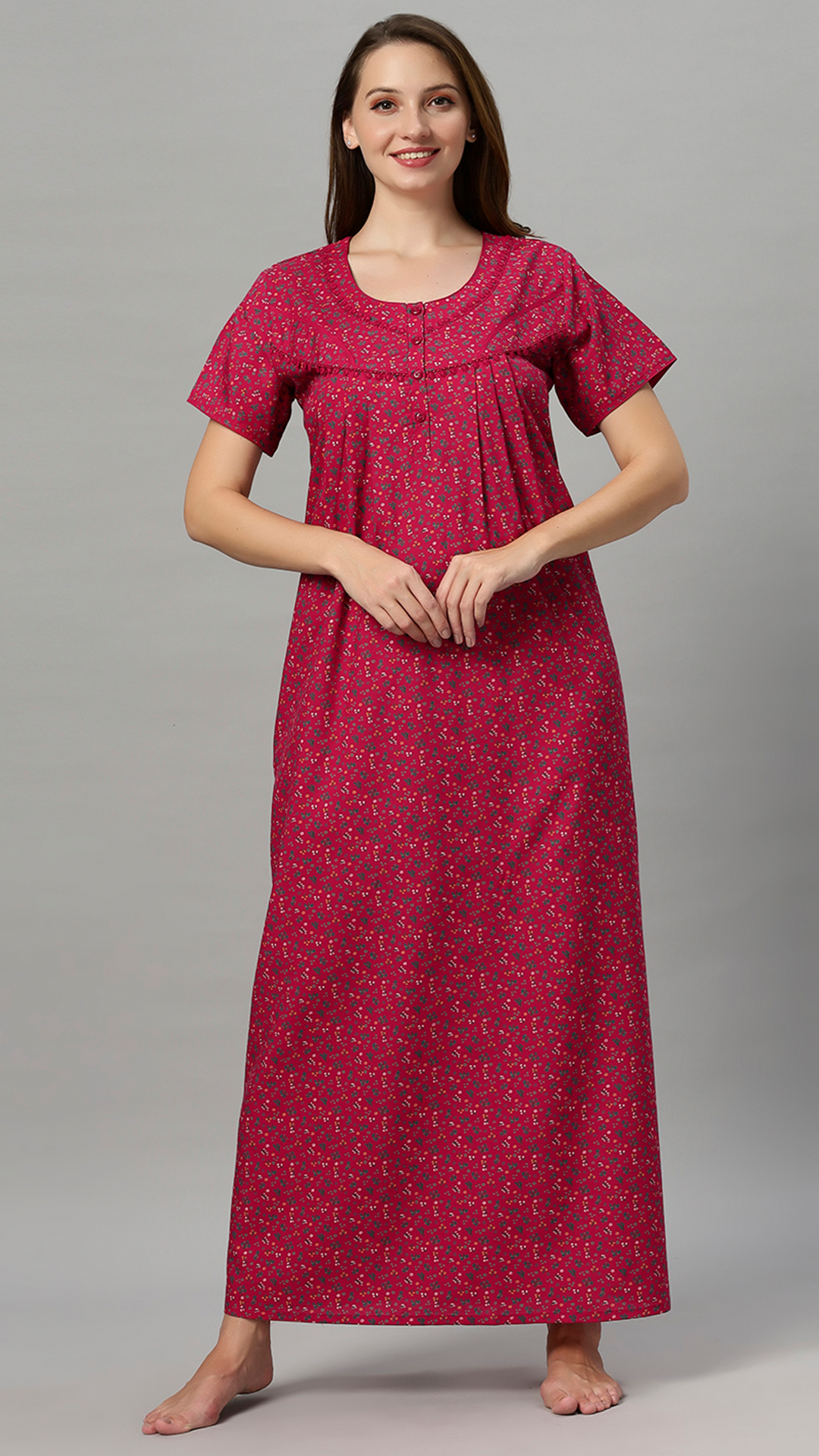 Sukanya Women's Floral Print Lounge Wear Gown - Poly Cotton, Regular Fit, Ideal For Women's, Lounge Wear, Flower Print, Half Sleeves, Round Neck, Blue, Red & Yellow