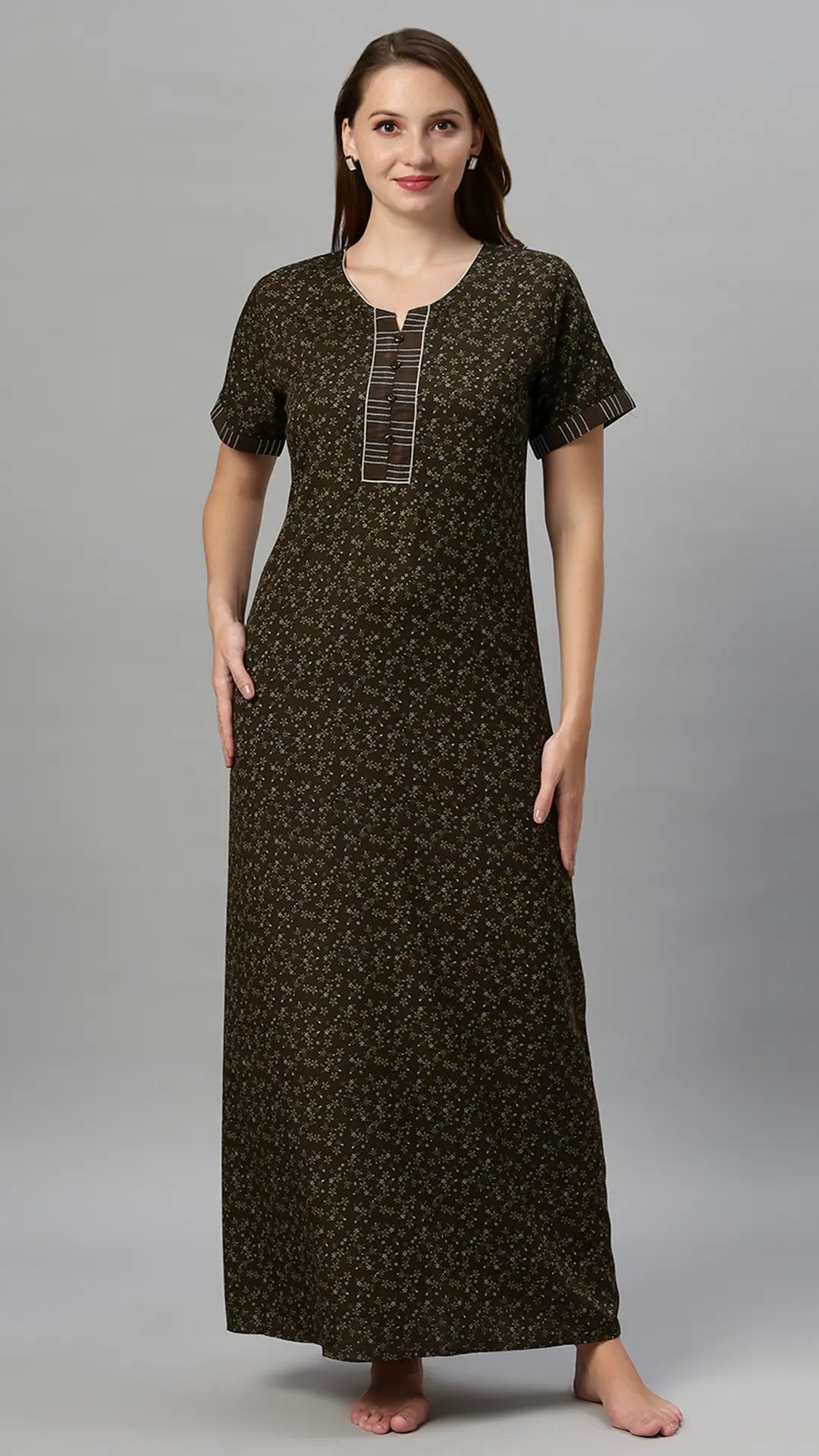 Suaknya Women's Floral Print Lounge Wear Gown  Polly Cotton, Regular Fit, Half Sleeves, V Neck