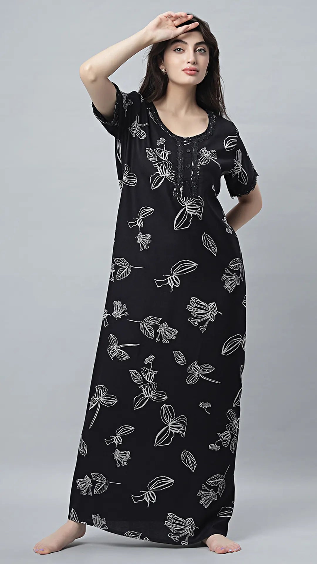 Sukanya Women's Black, Navy Blue & wine, Cotton Blend Printed Nighty - Half Sleeves, Round Neck, Long