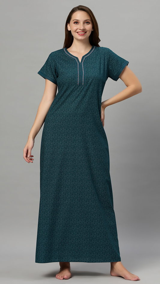Sukanya Women's Printed Gowns - Poly Cotton, Regular Fit, Lounge Wear, Sukanya Women's Printed Gowns - Poly Cotton, Regular Fit, Lounge Wear, Half Sleeves, V Neck, Green, Blue & MaroonSleeves, V Neck