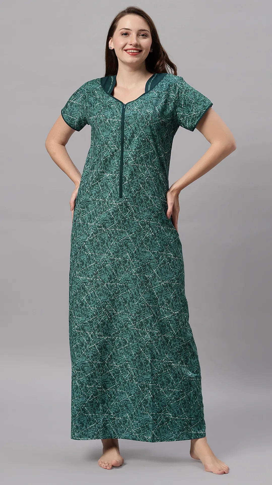 Sukanya Women's Printed Poly Cotton Lounge Wear Gown - Brown, Regular Fit, Ideal For: Women's, Occasion: Lounge Wear, Sleeve Type: Half Sleeves, Collar Type: V-neck