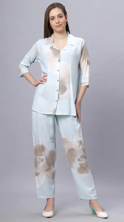 Sukanya Comfortable Women's Cotton Blend Half Sleeves Night Suit, Sky Blue, Soft and Elegant Print Sleepwear