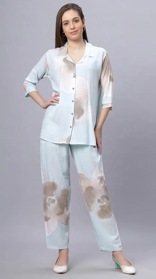 Sukanya Comfortable Women's Cotton Blend Half Sleeves Night Suit, Sky Blue, Soft and Elegant Print Sleepwear