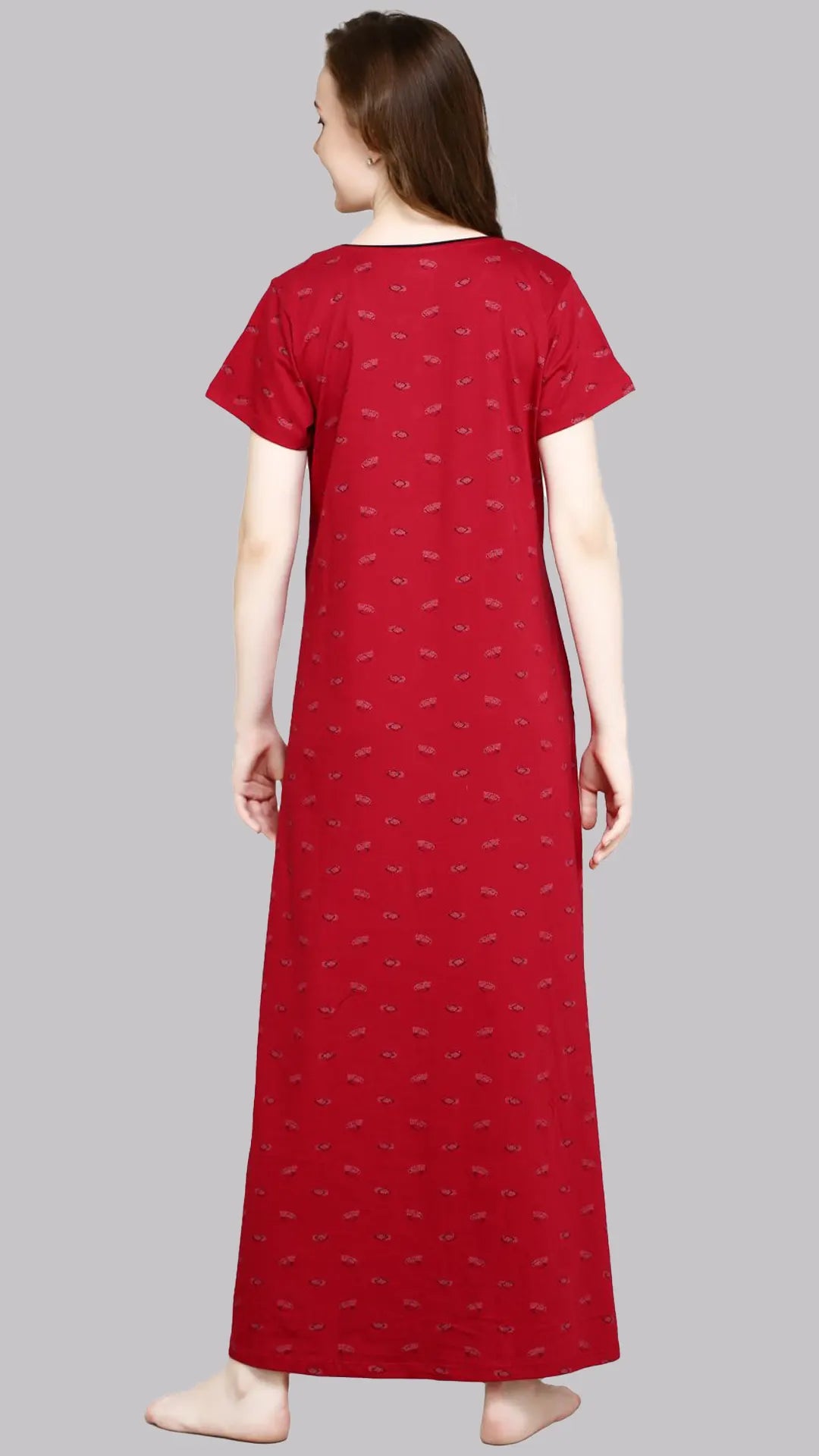 Sukanya  Women's Printed Sinker Nightsuit Set | Full Nighty Lounge Wear Nightdress Pyjama Set Sleepwear | Red Printed Half Sleeves Round Neck