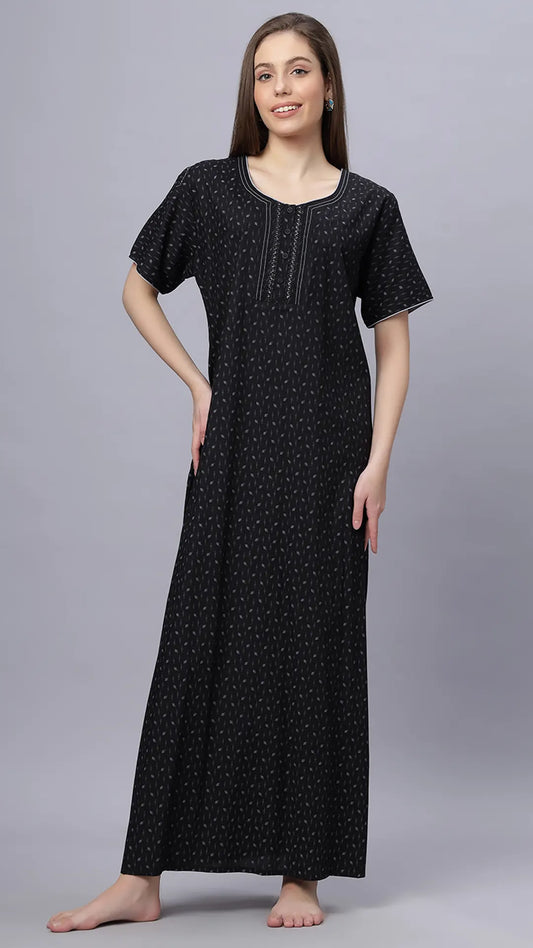 Sukanya Comfortable Women's Full Length Cotton Blend Half Sleeves Nighty, Maroon, Blue & Black Soft and Elegant Print Sleepwear