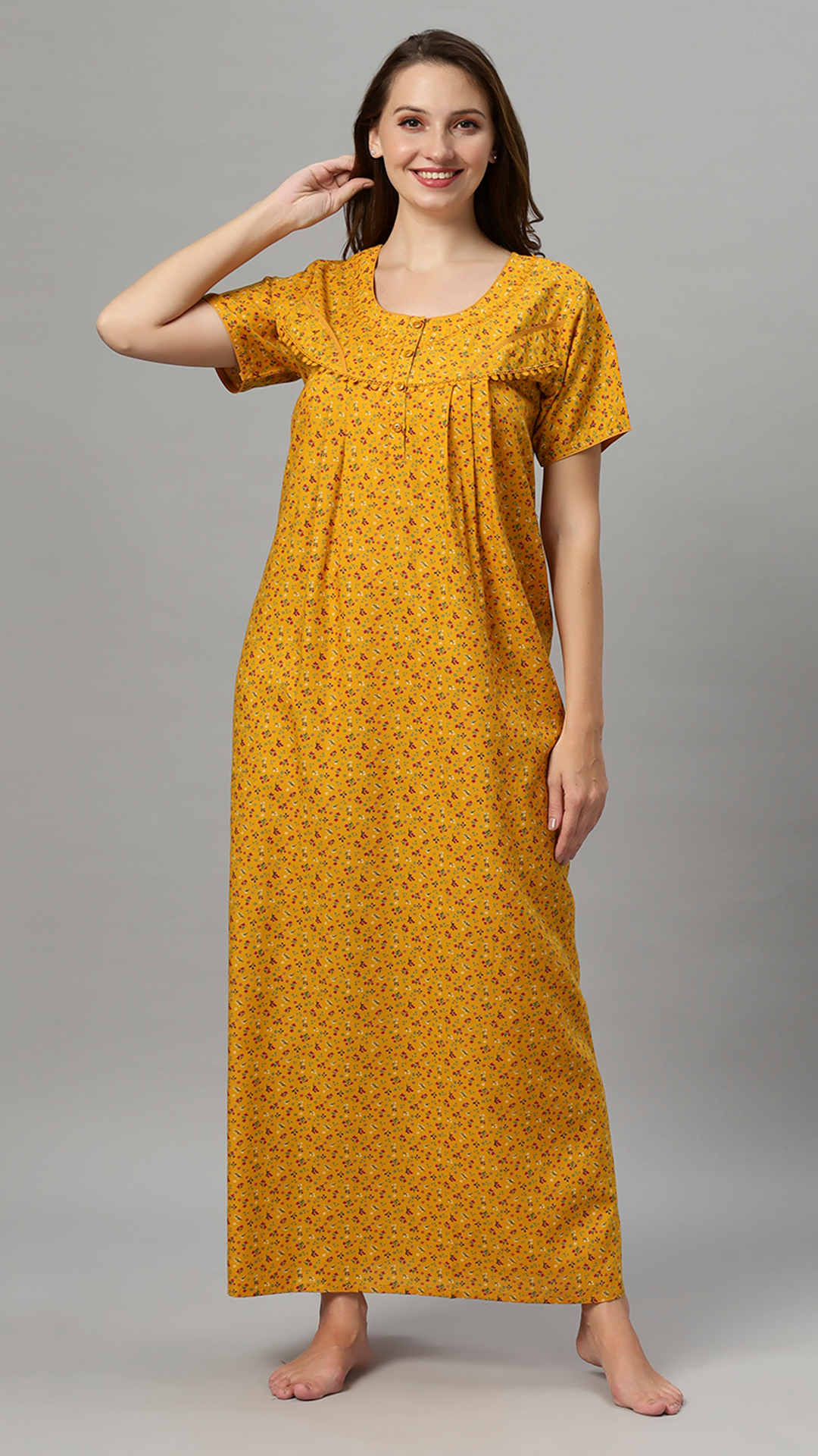 Sukanya Women's Floral Print Lounge Wear Gown - Poly Cotton, Regular Fit, Ideal For Women's, Lounge Wear, Flower Print, Half Sleeves, Round Neck, Blue, Red & Yellow