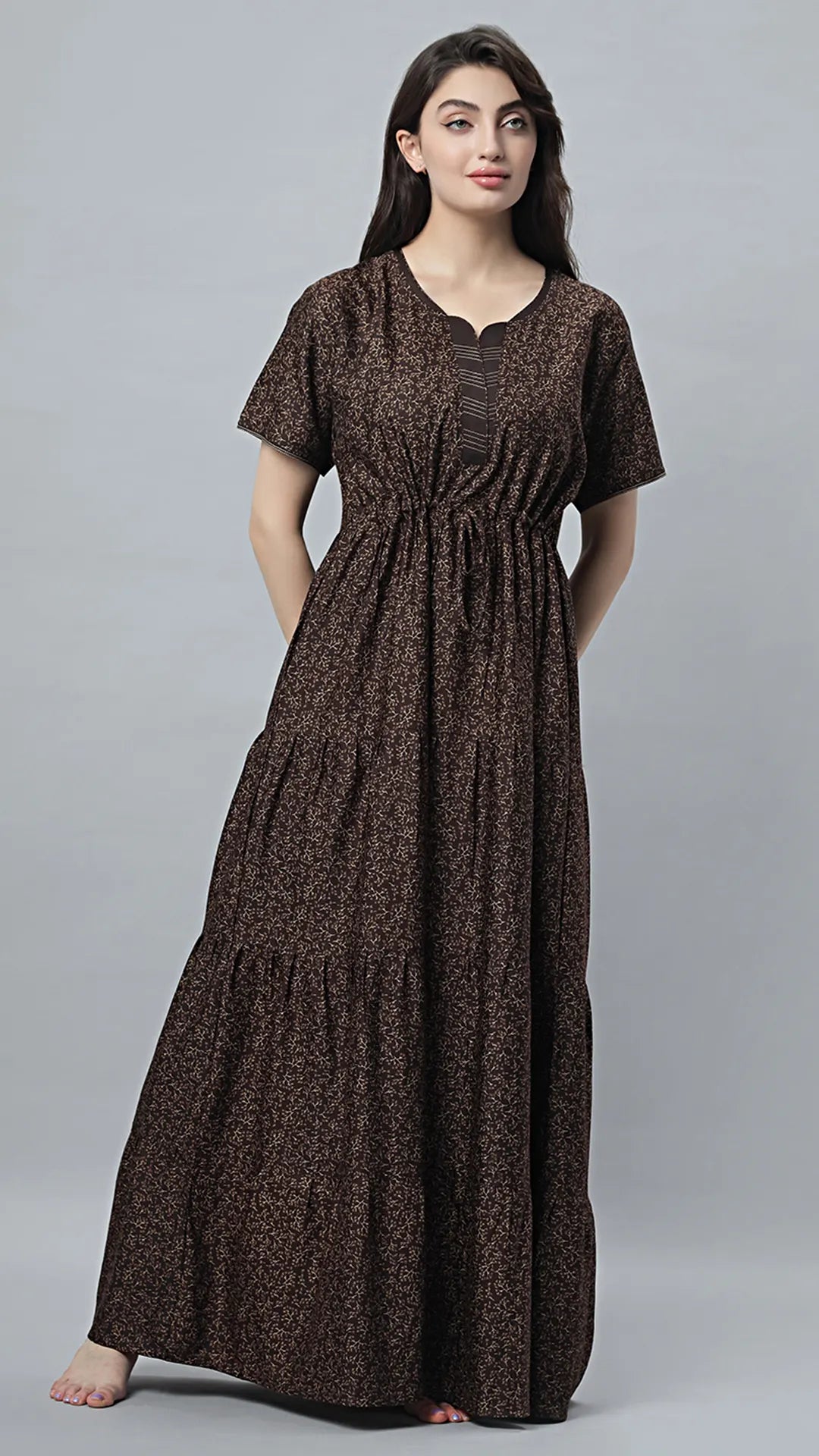 Sukanya Comfortable Women's Full Length Cotton Blend Half Sleeves Nighty, Blue, coffee & Wine, Soft and Elegant Print Sleepwear