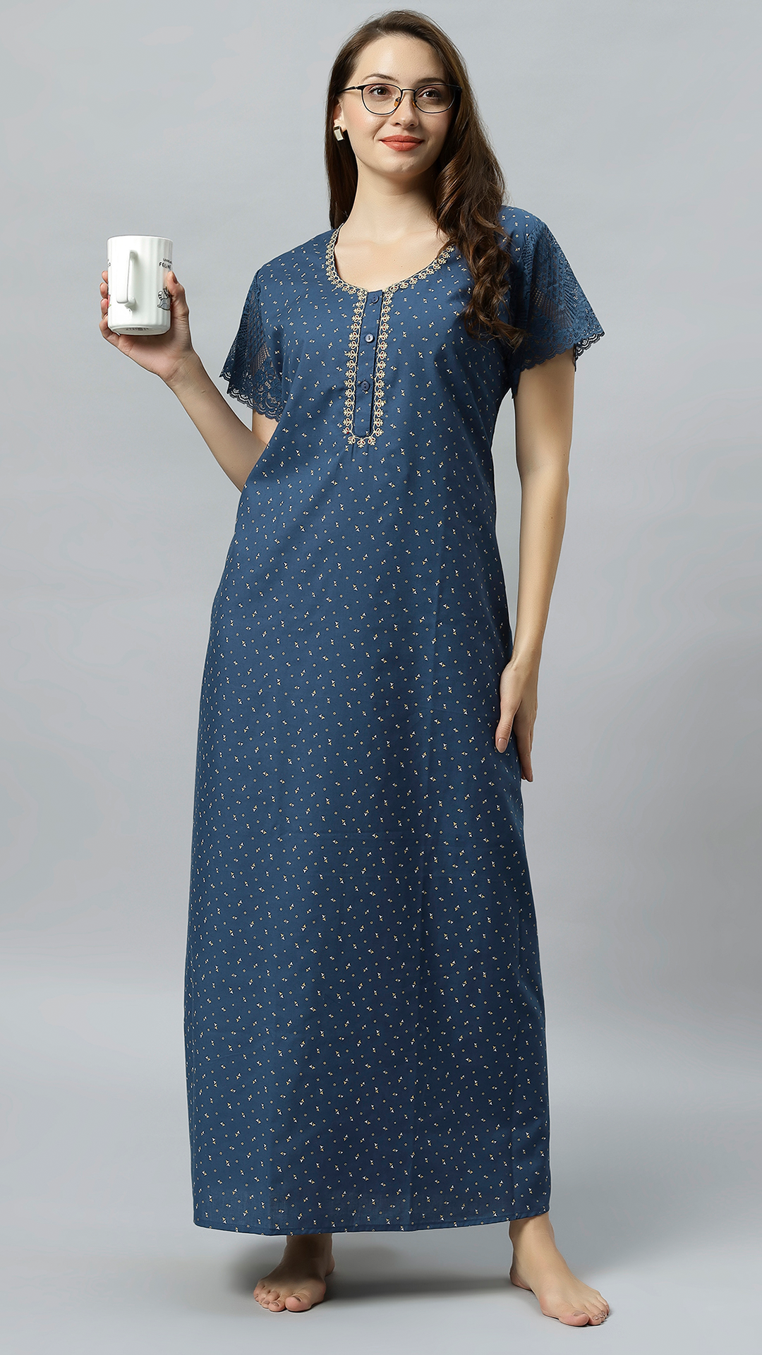 Sukanya Women's Embroidered Poly Cotton Lounge Wear Gown -  Regular Fit, Ideal For Women's, Lounge Wear, Half Sleeves, Round Neck