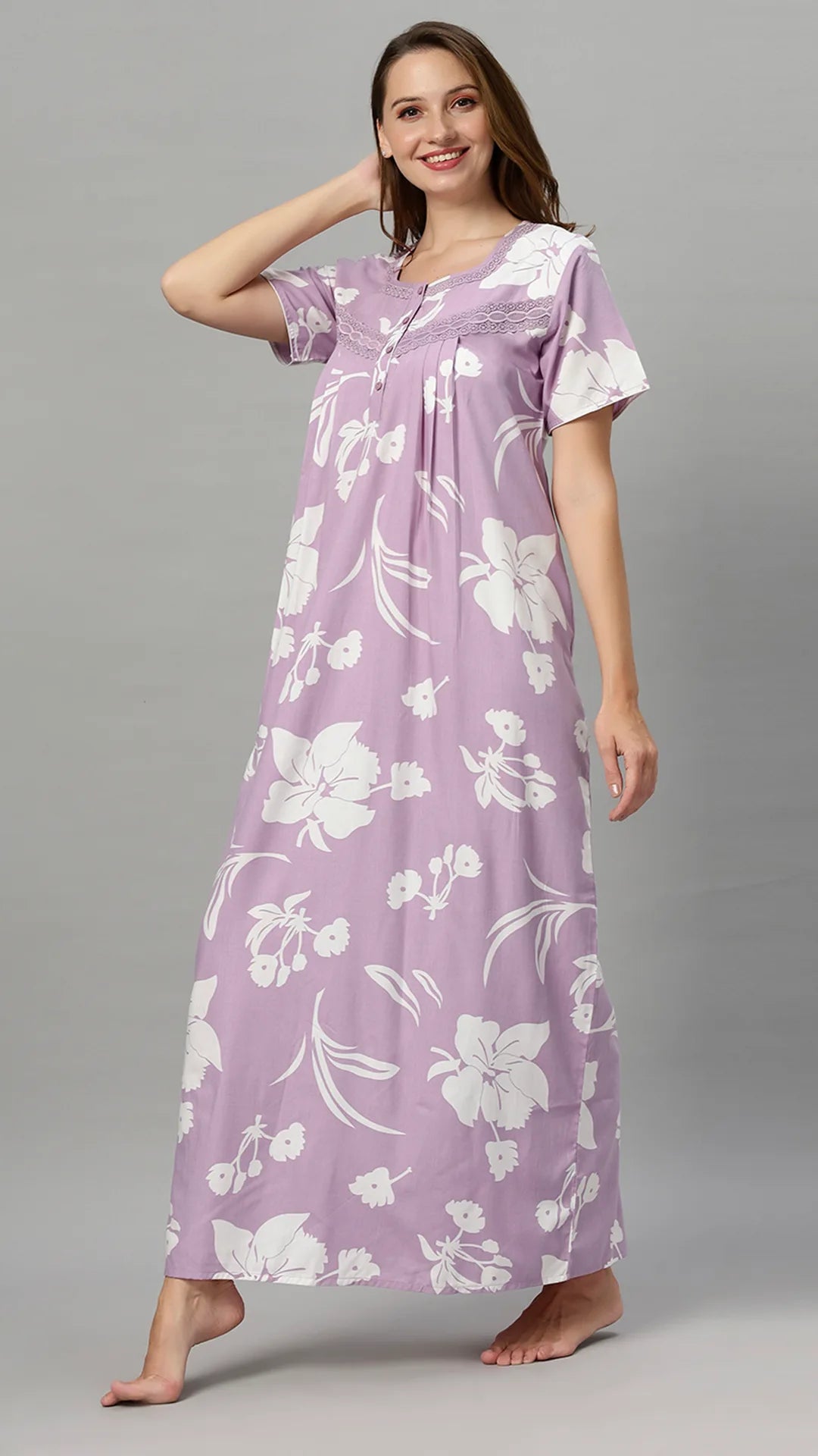 Sukanya Women's Floral Print Lounge Wear Gown -  Poly Cotton, Regular Fit, Half Sleeves, Round Neck, Light Purple, Light Green & Sky Blue