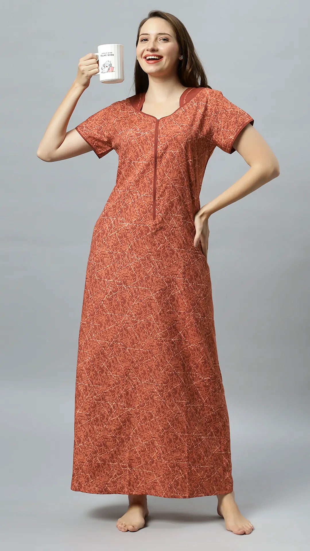 Sukanya Women's Printed Poly Cotton Lounge Wear Gown - Brown, Regular Fit, Ideal For: Women's, Occasion: Lounge Wear, Sleeve Type: Half Sleeves, Collar Type: V-neck