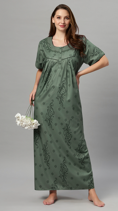 Sukanya Women's Floral Print Lounge Wear Gown - Polly Cotton, Regular Fit, Half Sleeves, Round Neck, Green, Yellow & Rust