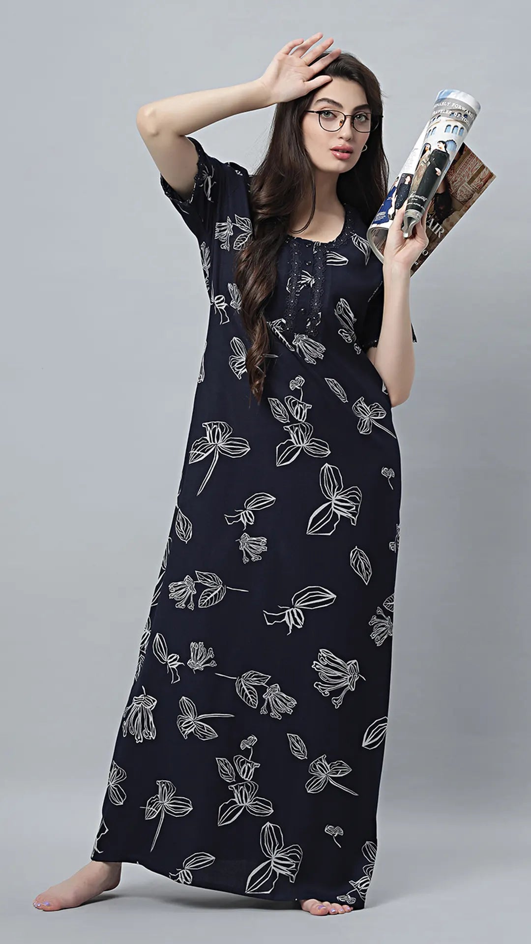 Sukanya Women's Black, Navy Blue & wine, Cotton Blend Printed Nighty - Half Sleeves, Round Neck, Long