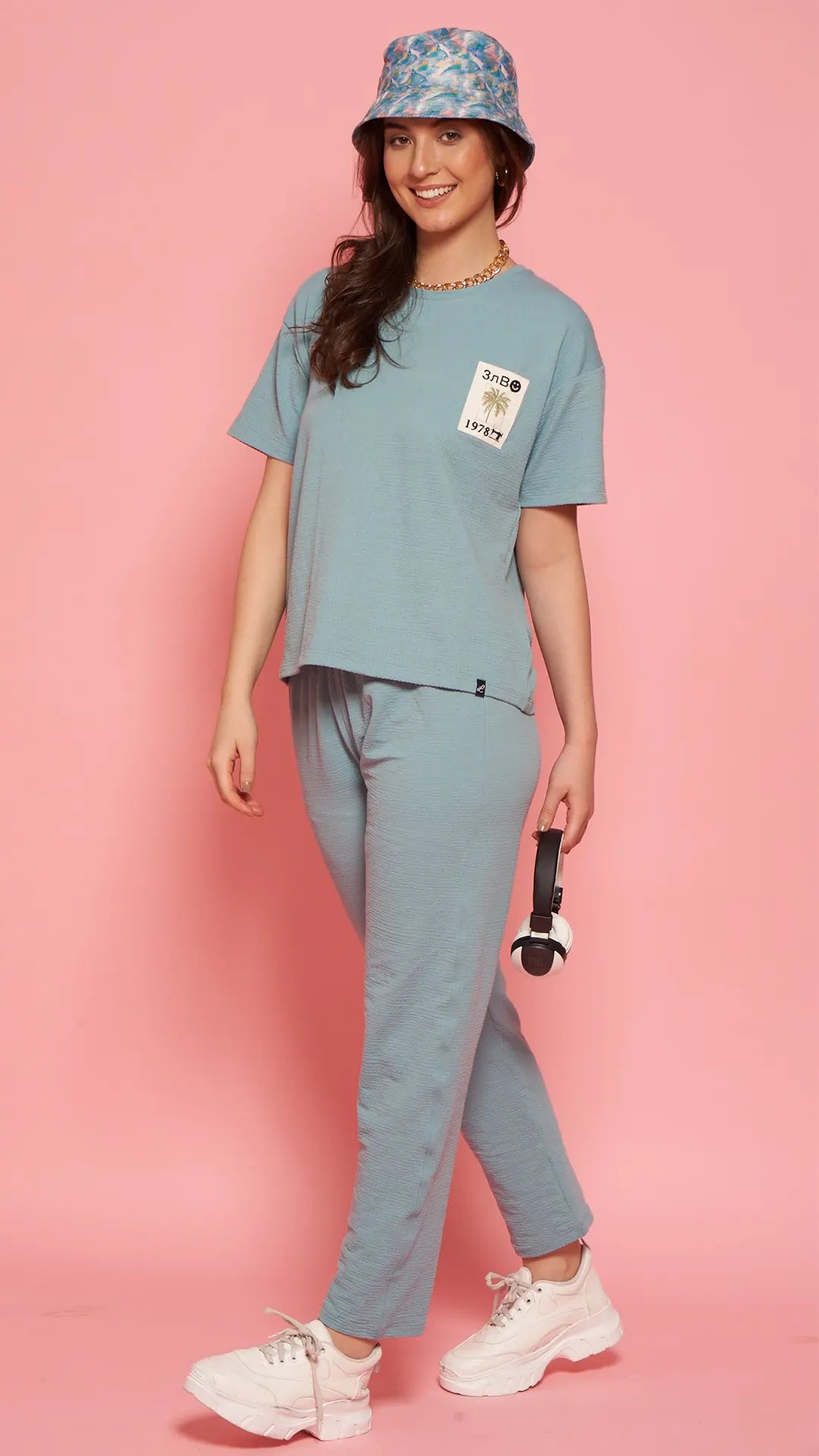 Lunica Women's Printed Sinker Nightsuit Set , Regular Fit Loungewear , Ideal for Women , Lounge Wear Nightdress Pyjama Set Sleepwear , Sky Blue Printed Half Sleeves Round Neck