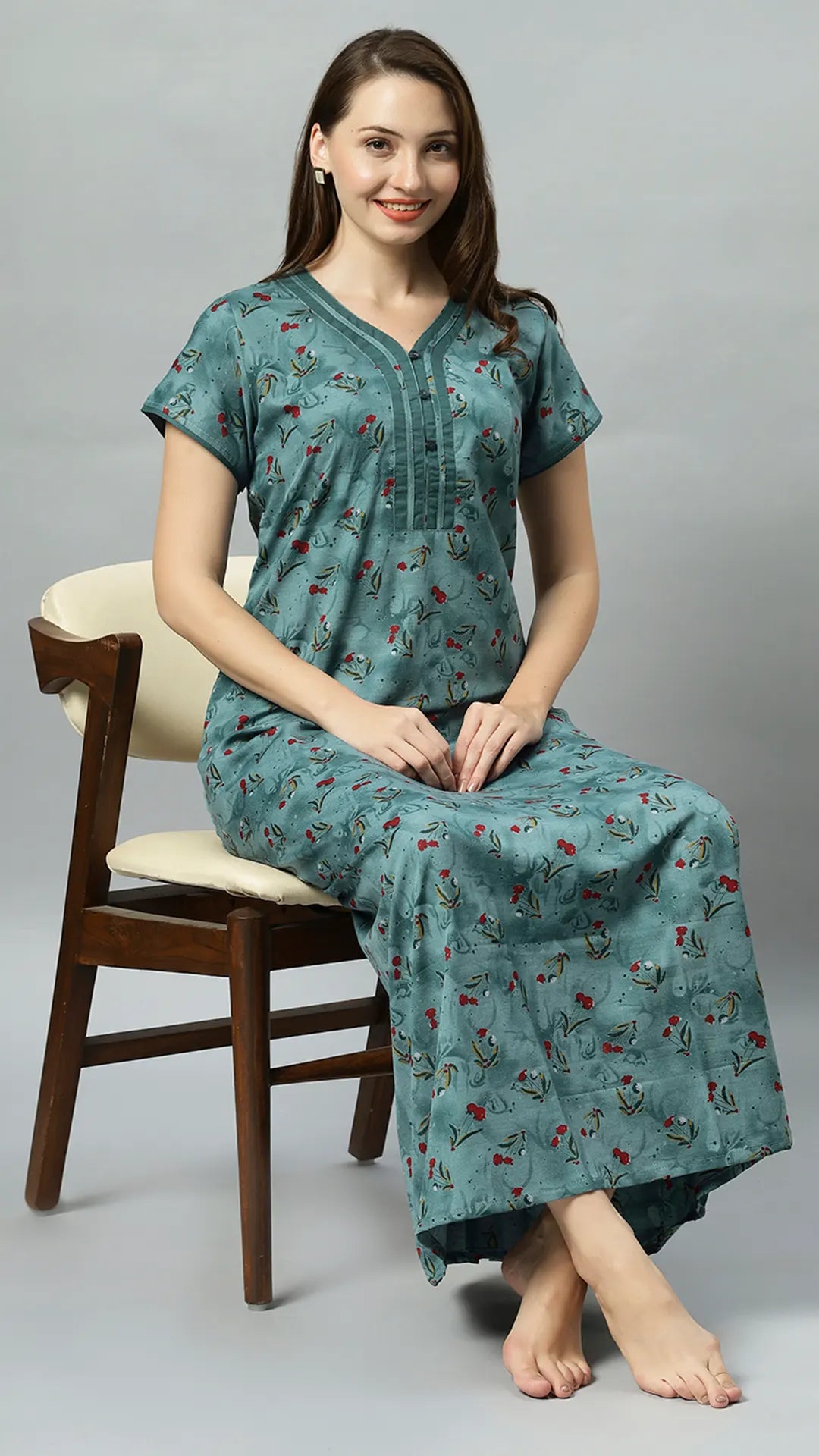 Sukanya Women's Blue, Green & Red, Floral Printed Poly Cotton Lounge Wear Gown - Regular Fit, V-neck, Half Sleeves