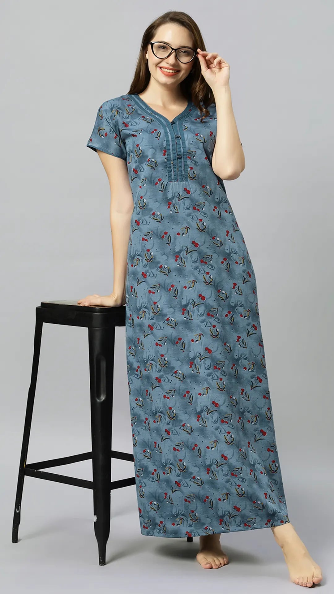 Sukanya Women's Blue, Green & Red, Floral Printed Poly Cotton Lounge Wear Gown - Regular Fit, V-neck, Half Sleeves