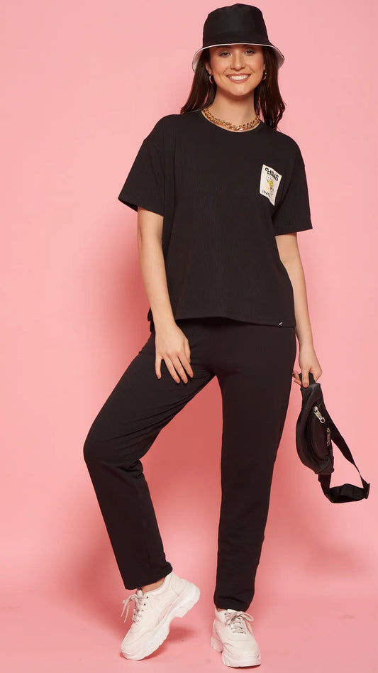Lunica Women's Printed Sinker Nightsuit Set , Regular Fit Loungewear , Ideal for Women , Lounge Wear Nightdress Pyjama Set Sleepwear , Black Printed Half Sleeves Round Neck