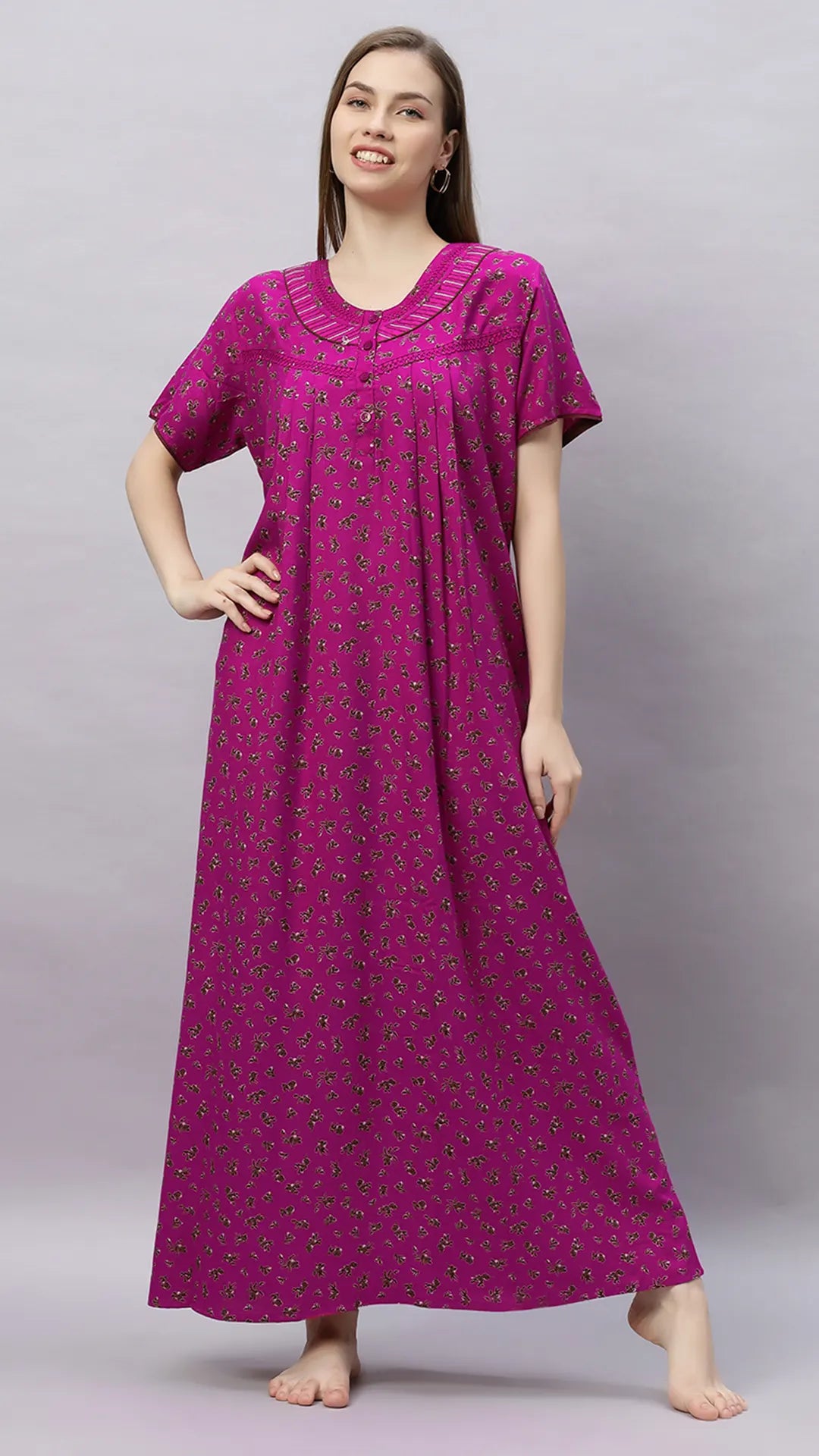 Sukanya Comfortable Women's Full Length Cotton Blend Half Sleeves Nighty, Soft and Elegant Print Sleepwear
