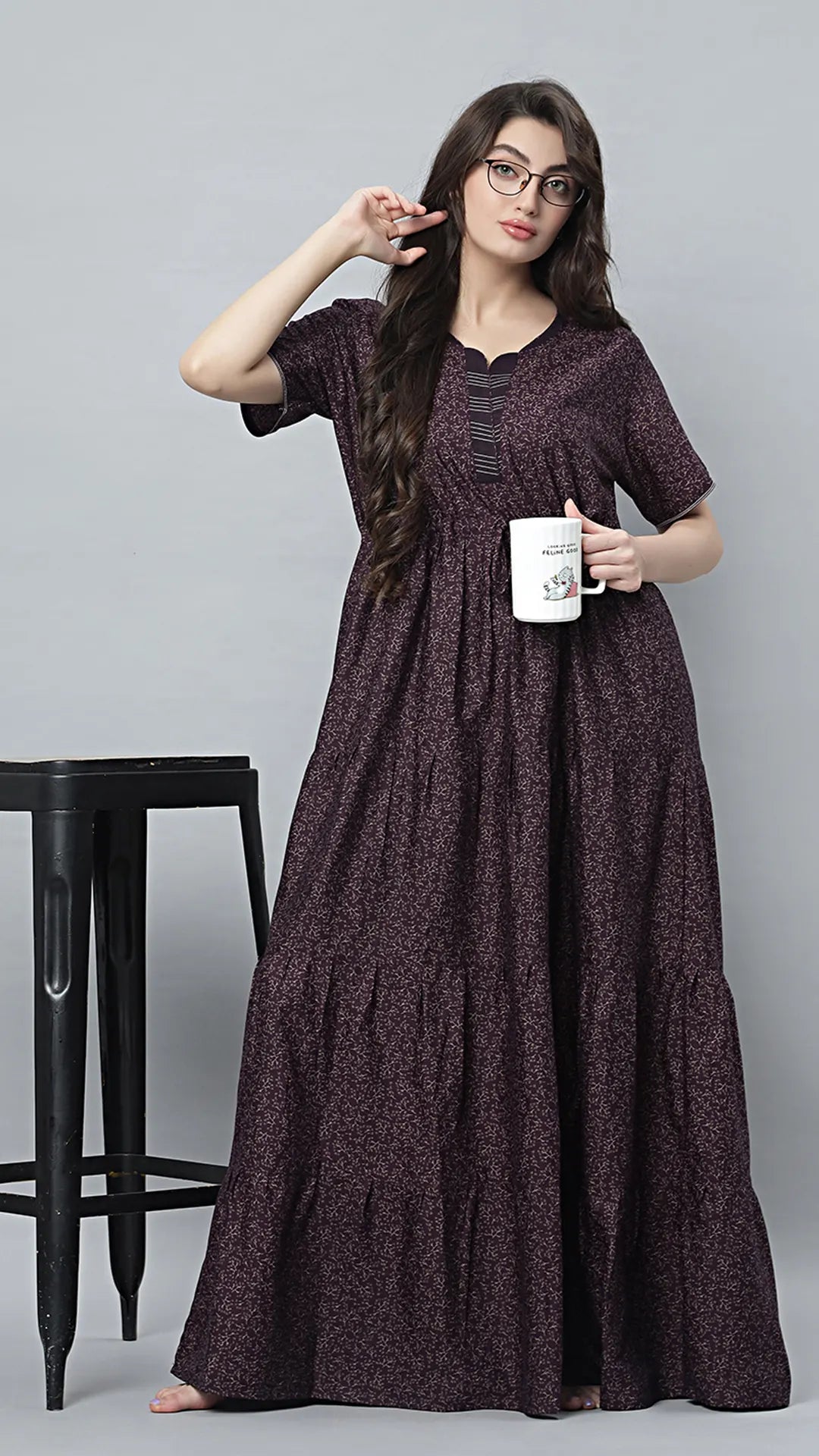 Sukanya Comfortable Women's Full Length Cotton Blend Half Sleeves Nighty, Blue, coffee & Wine, Soft and Elegant Print Sleepwear