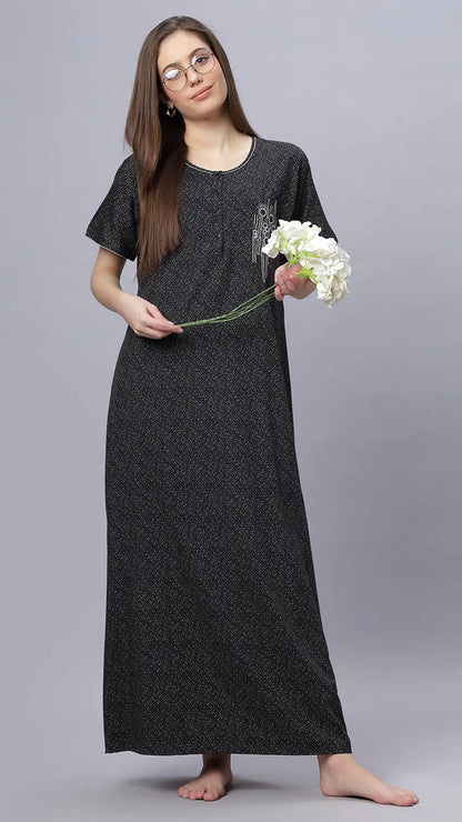 Sukanya Comfortable Women's Full Length Cotton Blend Half Sleeves Nighty, Black, Blue & Maroon, Soft and Elegant Print Sleepwear