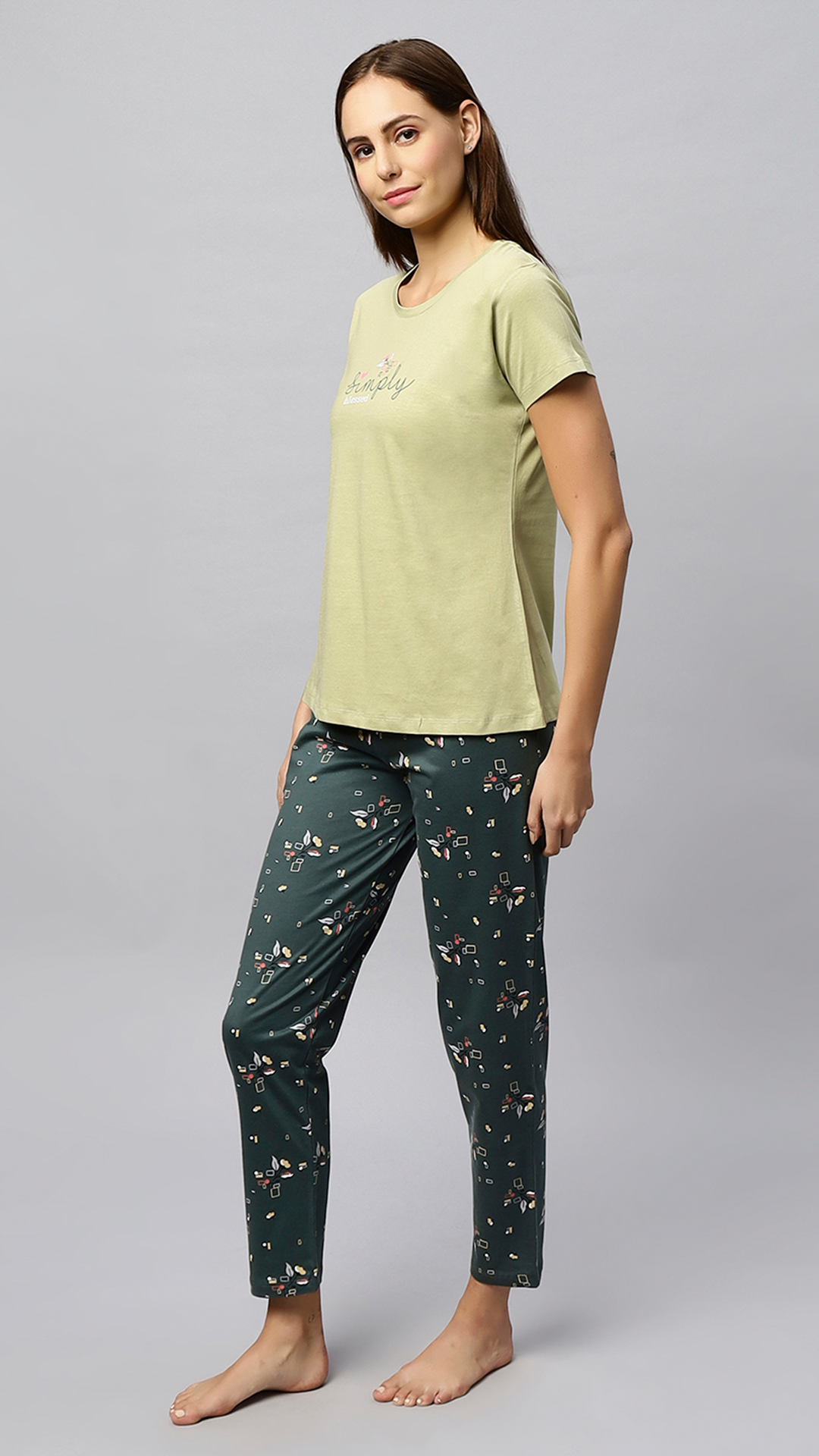 Sukanya Women's Printed Top & Pyjama Set, Regular Fit, Ideal For Lounge Wear, Pista, Sinker Fabric, Half Sleeve, Round Neck