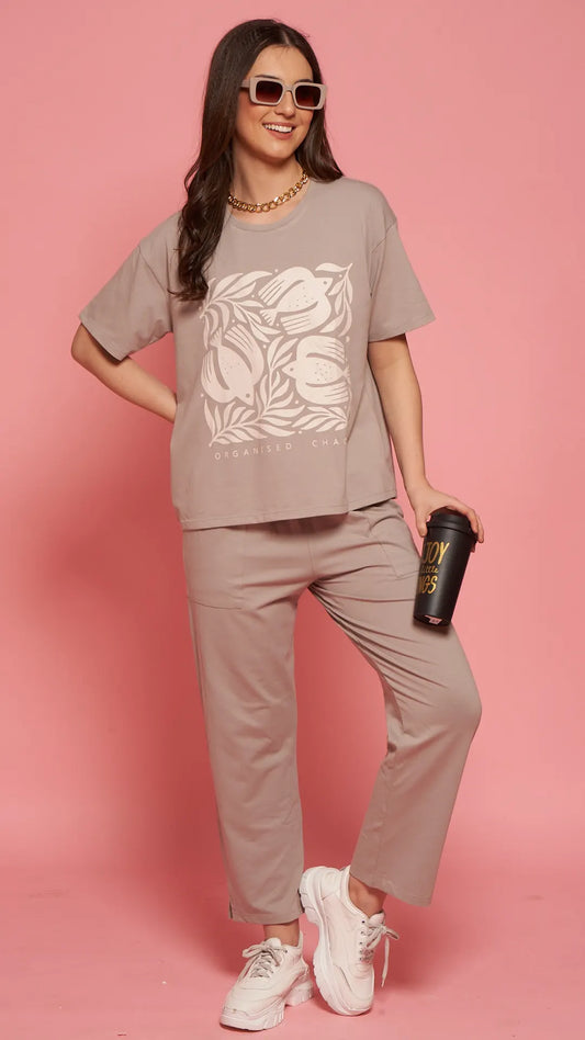 Lunica Women's Printed Sinker Nightsuit Set , Regular Fit Loungewear , Ideal for Women , Lounge Wear Nightdress Pyjama Set Sleepwear , Cement Printed Half Sleeves Round Neck