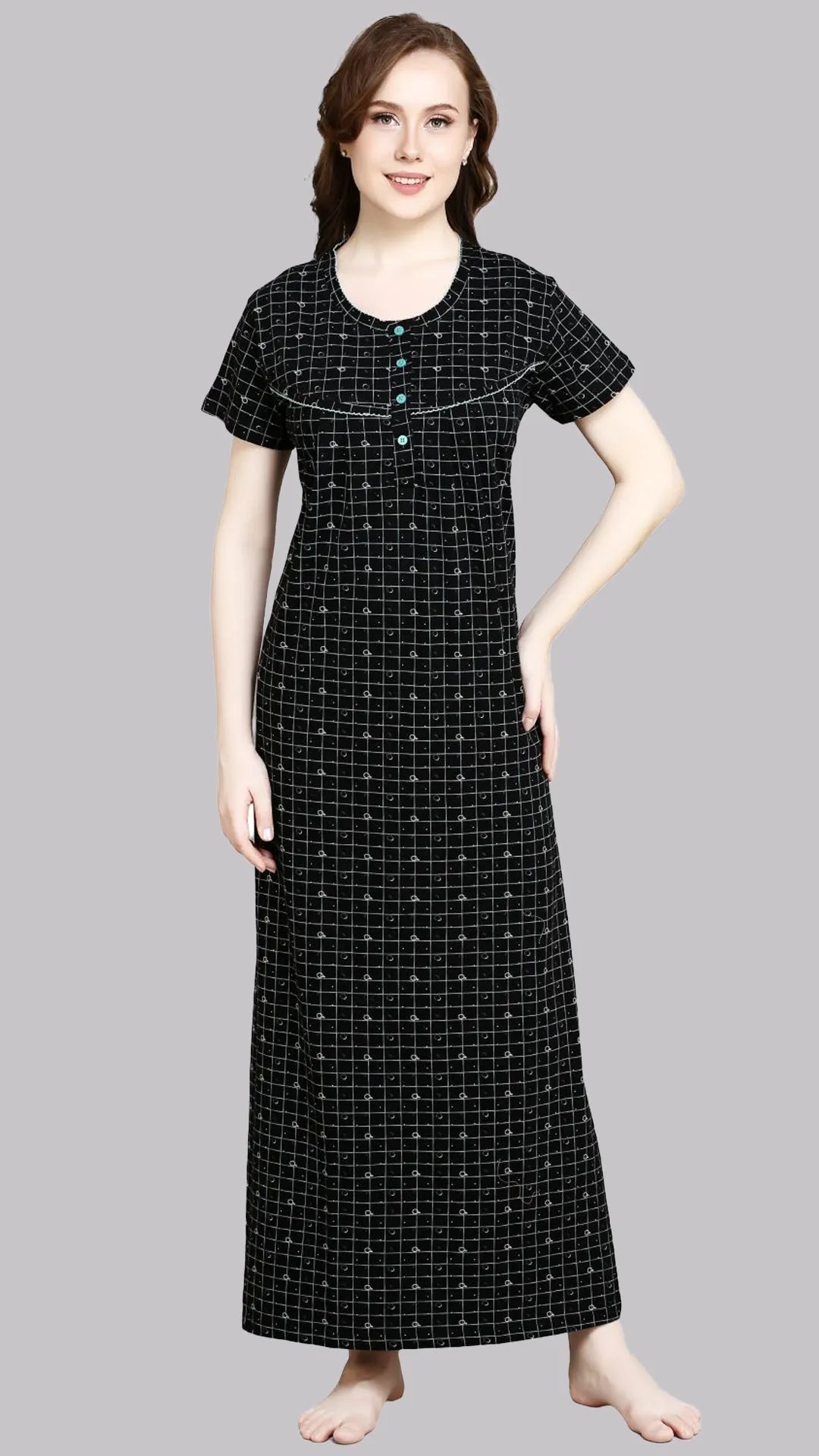Sukanya  Women's Printed Sinker Nightsuit Set | Full Nighty Lounge Wear Nightdress Pyjama Set Sleepwear | Black Printed Half Sleeves Round Neck
