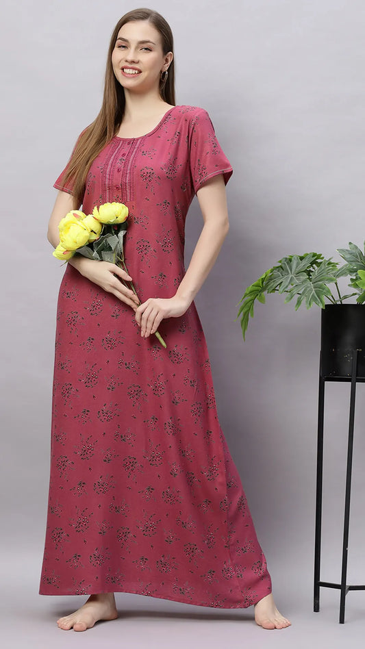 Sukanya Women's Floral Lounge Wear Gown, Regular Fit, Women's Ideal, Lounge Wear, Half Sleeves, Floral Pattern, Round Neck
