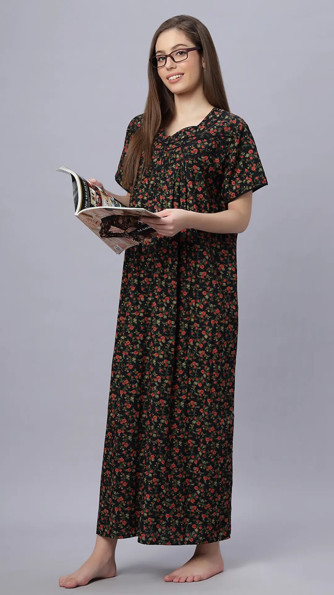 Sukanya Comfortable Women's Full Length Cotton Blend Half Sleeves Nighty, Red, Black & Blue, Soft and Elegant Print Sleepwear