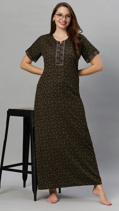 Suaknya Women's Floral Print Lounge Wear Gown  Polly Cotton, Regular Fit, Half Sleeves, V Neck