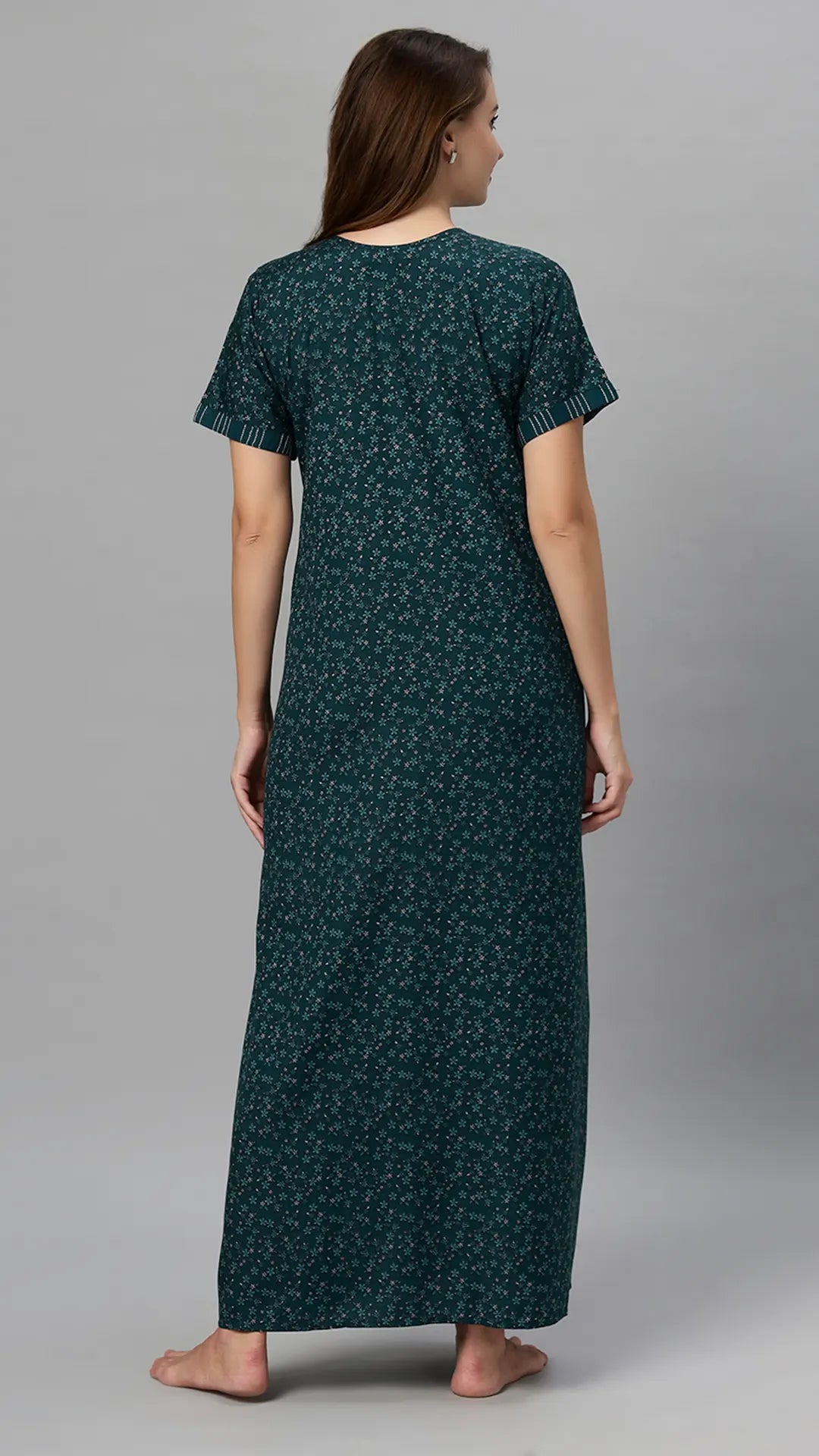 Suaknya Women's Floral Print Lounge Wear Gown  Polly Cotton, Regular Fit, Half Sleeves, V Neck