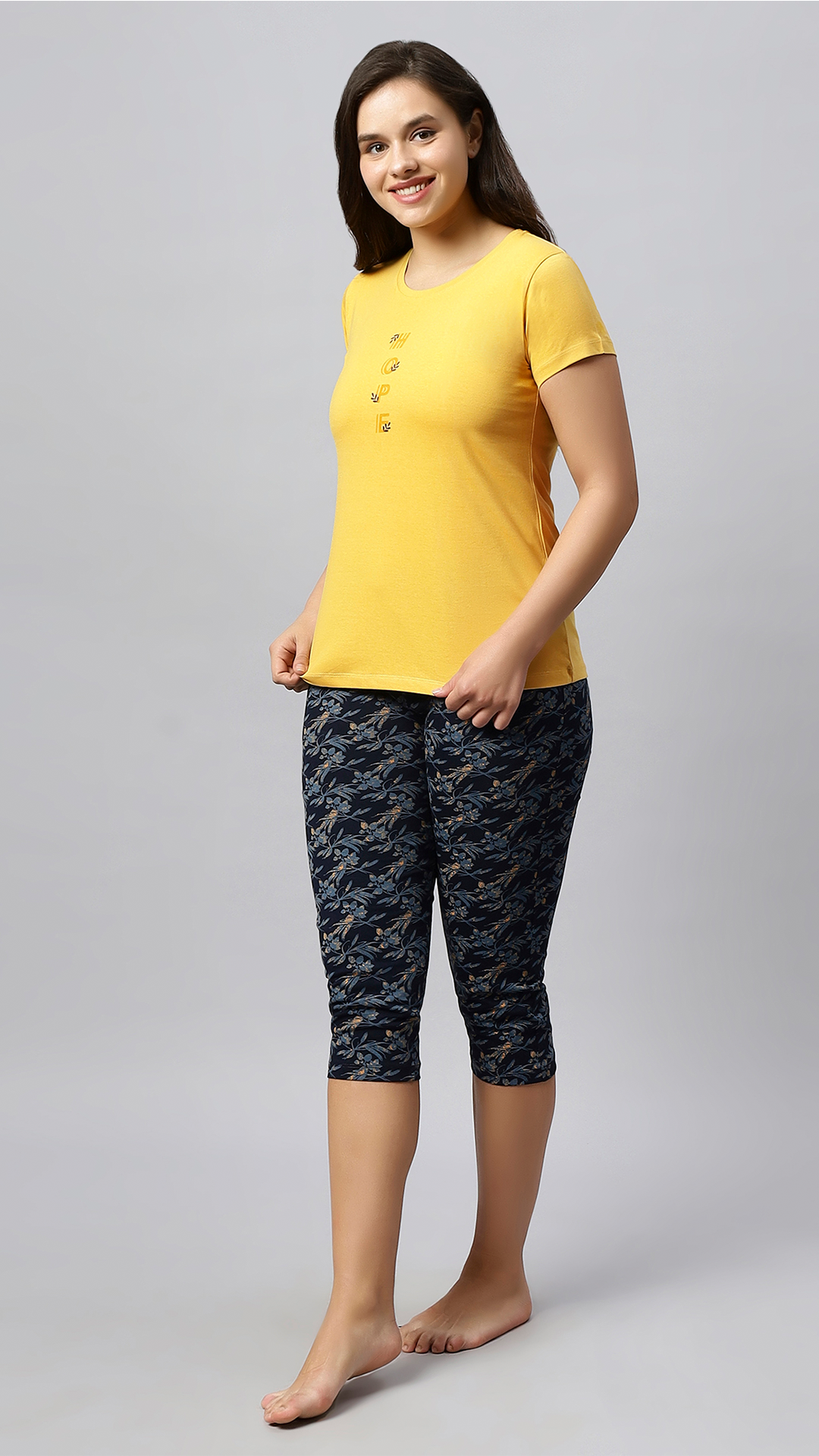 Sukanya Women's Printed Lounge Wear Top & Capri Set - Yellow, Regular Fit, Women's, Lounge Wear, Sinker Fabric, Printed Pattern, Half Sleeve, Round Neck
