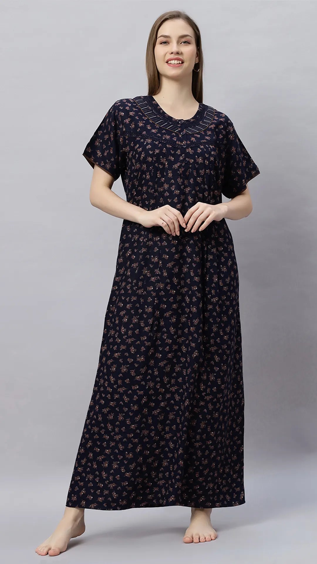 Sukanya Comfortable Women's Full Length Cotton Blend Half Sleeves Nighty, Soft and Elegant Print Sleepwear