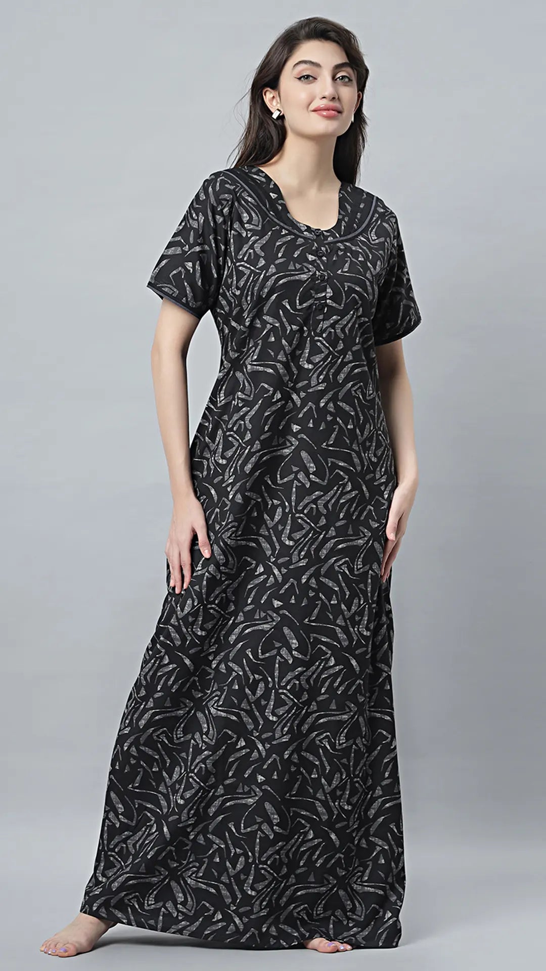 Sukanya Women's Black Cotton Blend Printed Nighty - Half Sleeves, Round Neck, Long