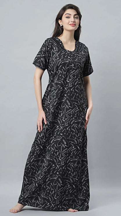 Sukanya Women's Black Cotton Blend Printed Nighty - Half Sleeves, Round Neck, Long