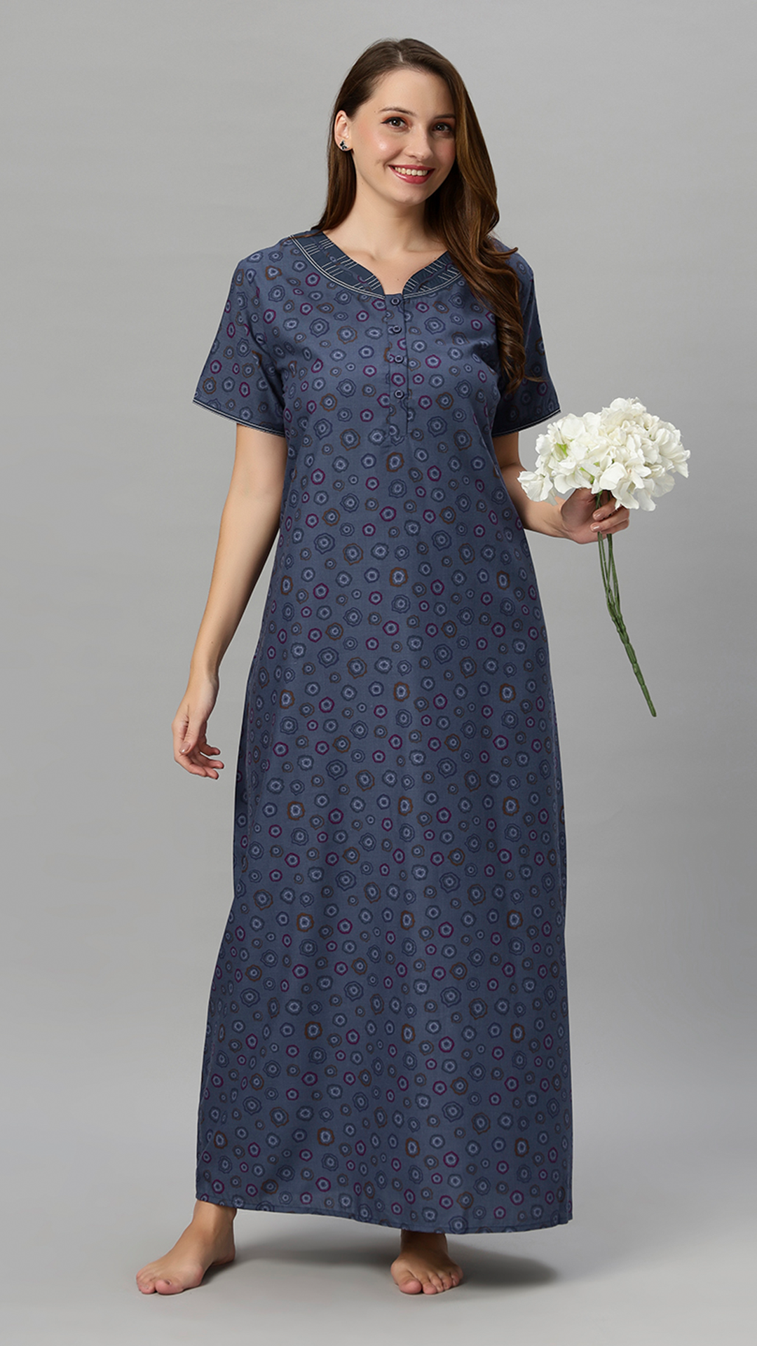 Sukanya Women's Floral Printed Blue, Wine & brown Polly Cotton Lounge Wear Gown - Regular Fit, V Neck, Half Sleeves