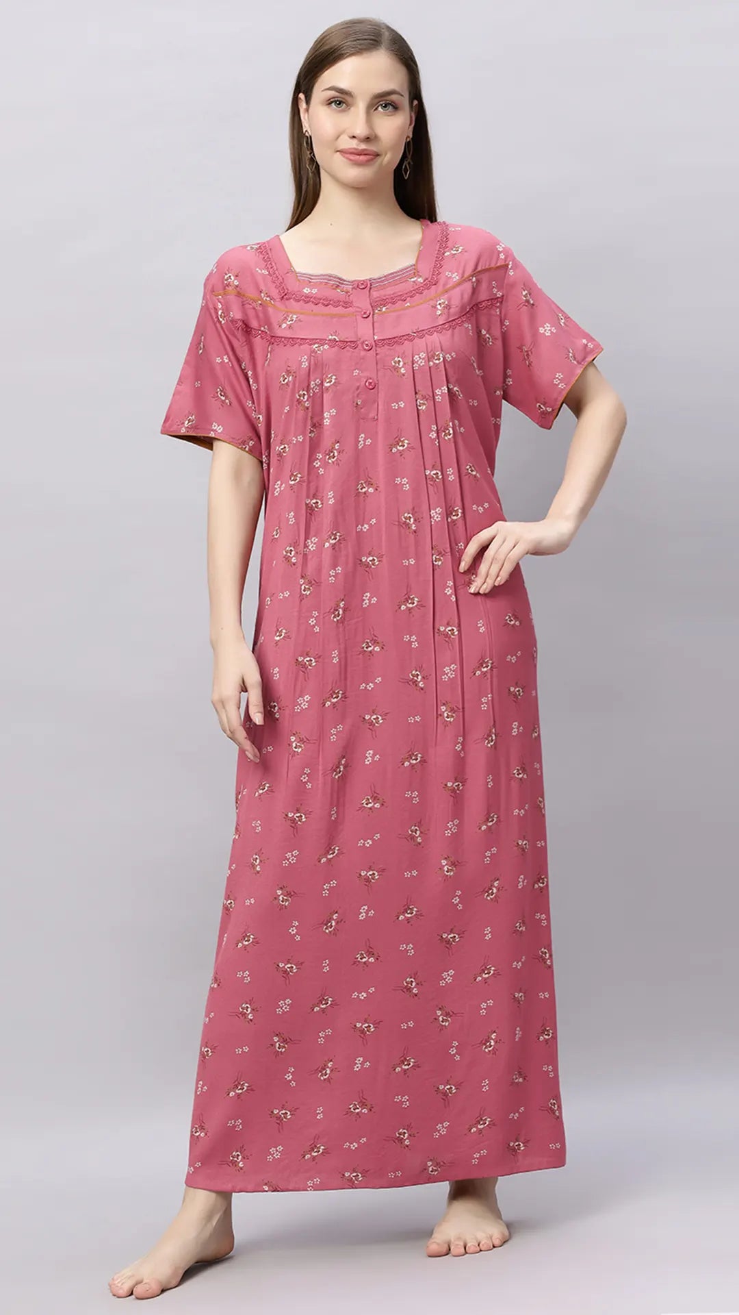 Sukanya Comfortable Women's Full Length Cotton Blend Half Sleeves Nighty, Soft and Elegant Print Sleepwear