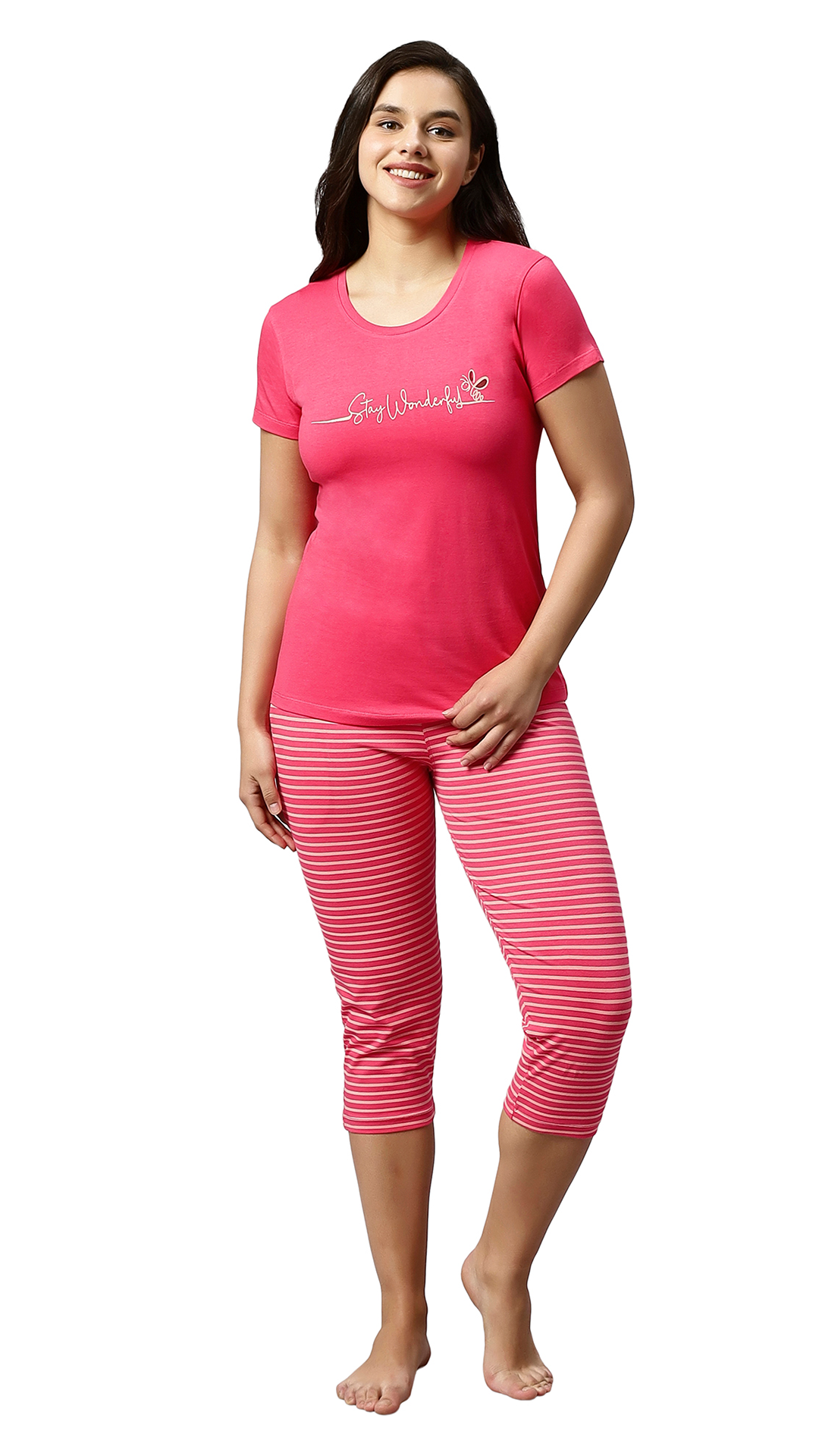 Sukanya Women's Printed Lounge wear Top & Capri Set - Pink, Sinker Fabric, Regular Fit, Ideal For Women's, Lounge Wear, Half Sleeve, Round Neck