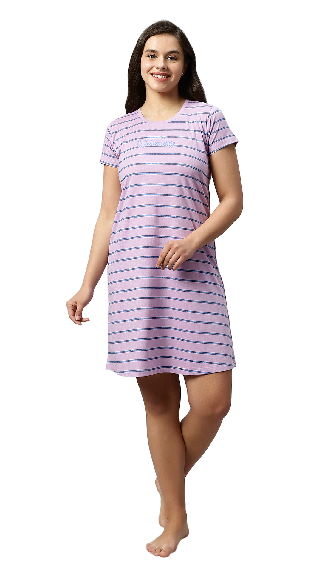 Sukanya Women's Printed Lounge Wear Gown - Onion Pink, Sinker Fabric, Regular Fit, Ideal for Women's, Occasion Type: Lounge Wear, Half Sleeves, Round Neck