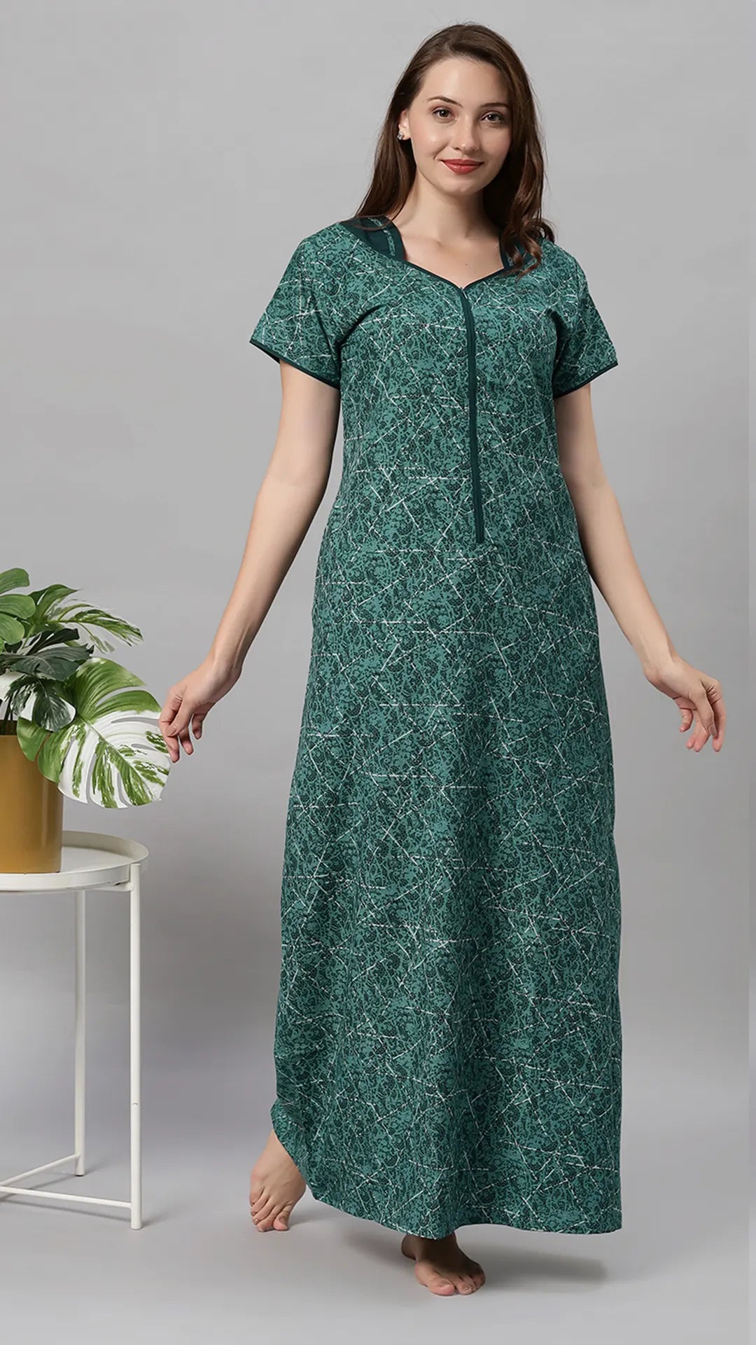 Sukanya Women's Printed Poly Cotton Lounge Wear Gown - Brown, Regular Fit, Ideal For: Women's, Occasion: Lounge Wear, Sleeve Type: Half Sleeves, Collar Type: V-neck