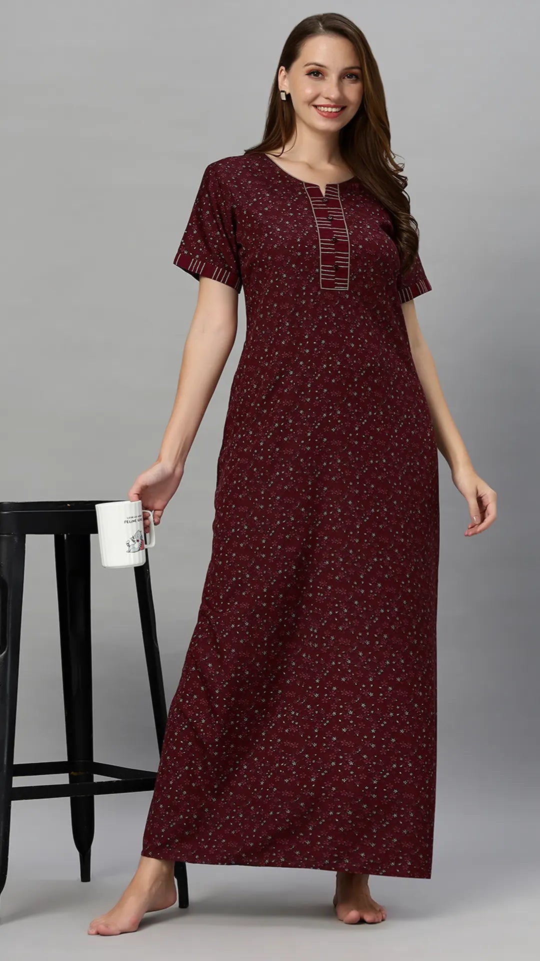 Suaknya Women's Floral Print Lounge Wear Gown  Polly Cotton, Regular Fit, Half Sleeves, V Neck